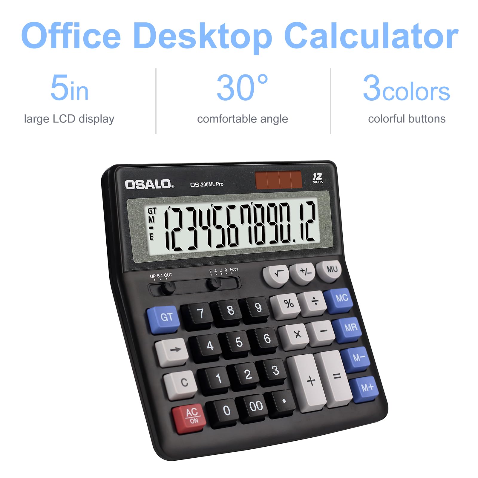 OSALO Calculatrice de bureau extra large grand écran LCD 12 chiffres comptabilité bouton réponse géant batterie solaire