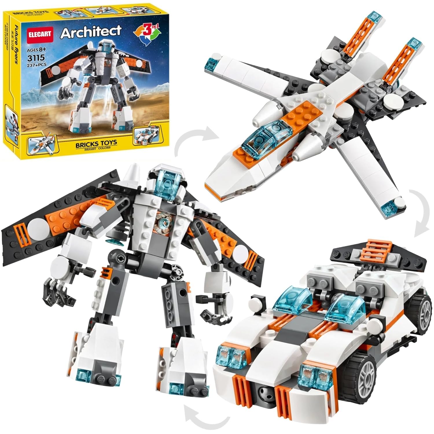 Sky Tech® 3 in 1 Architect Brick Toys 237+ Pieces Building Block - Space Astronaut Theme Blocks and Bricks - Robot, car, Aircraft Educational Engineering Construction Learning Toy for Kids
