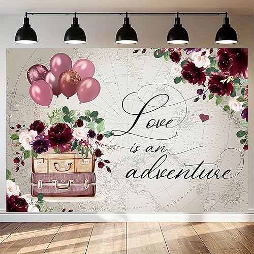 Telón de fondo de despedida de soltera de viaje para fotografía, Love Is Adventure Around The World, fondo de boda, maletas florales rojas vintage,