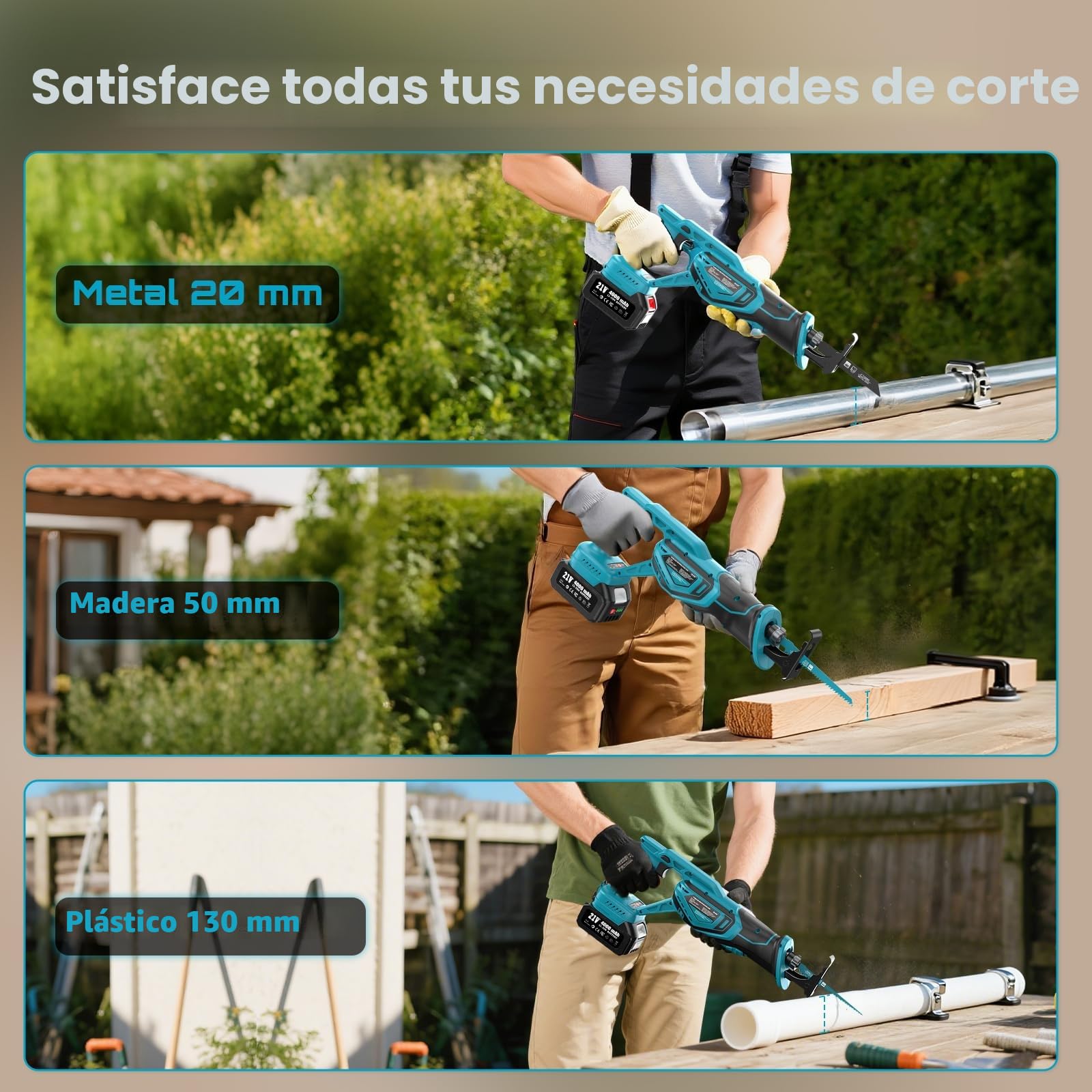 SEESII Sierra Sable, Sierra Alternativa de 2 Baterías 21V 4.0Ah, motor sin escobillas 3300 RPM, 8 cuchillas Para madera, metal, PVC, Obra y Jardín