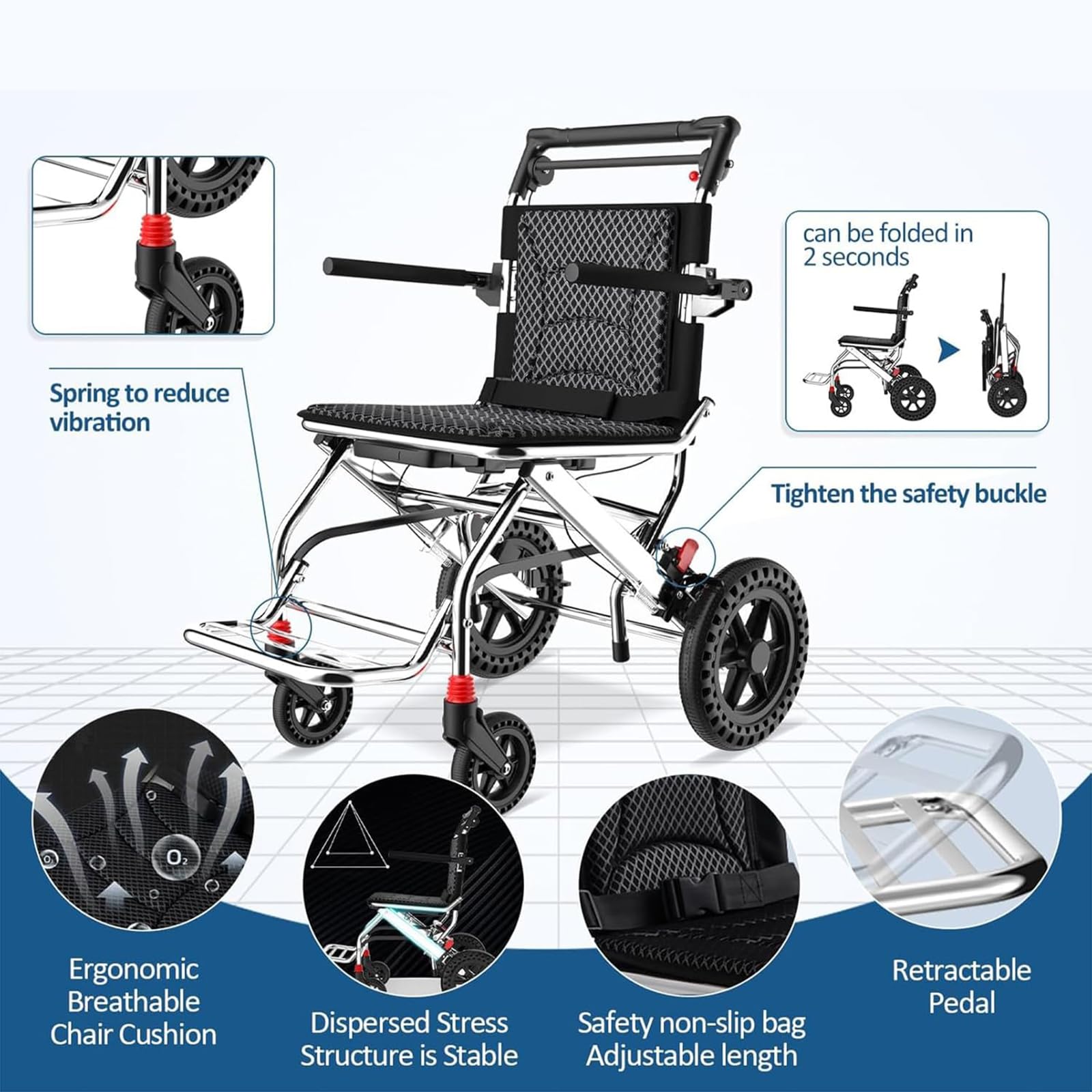 Silla de ruedas plegable ligera para adultos y niños, silla de ruedas portátil de viaje con freno de mano, marco de aleación de aluminio para un fácil transporte