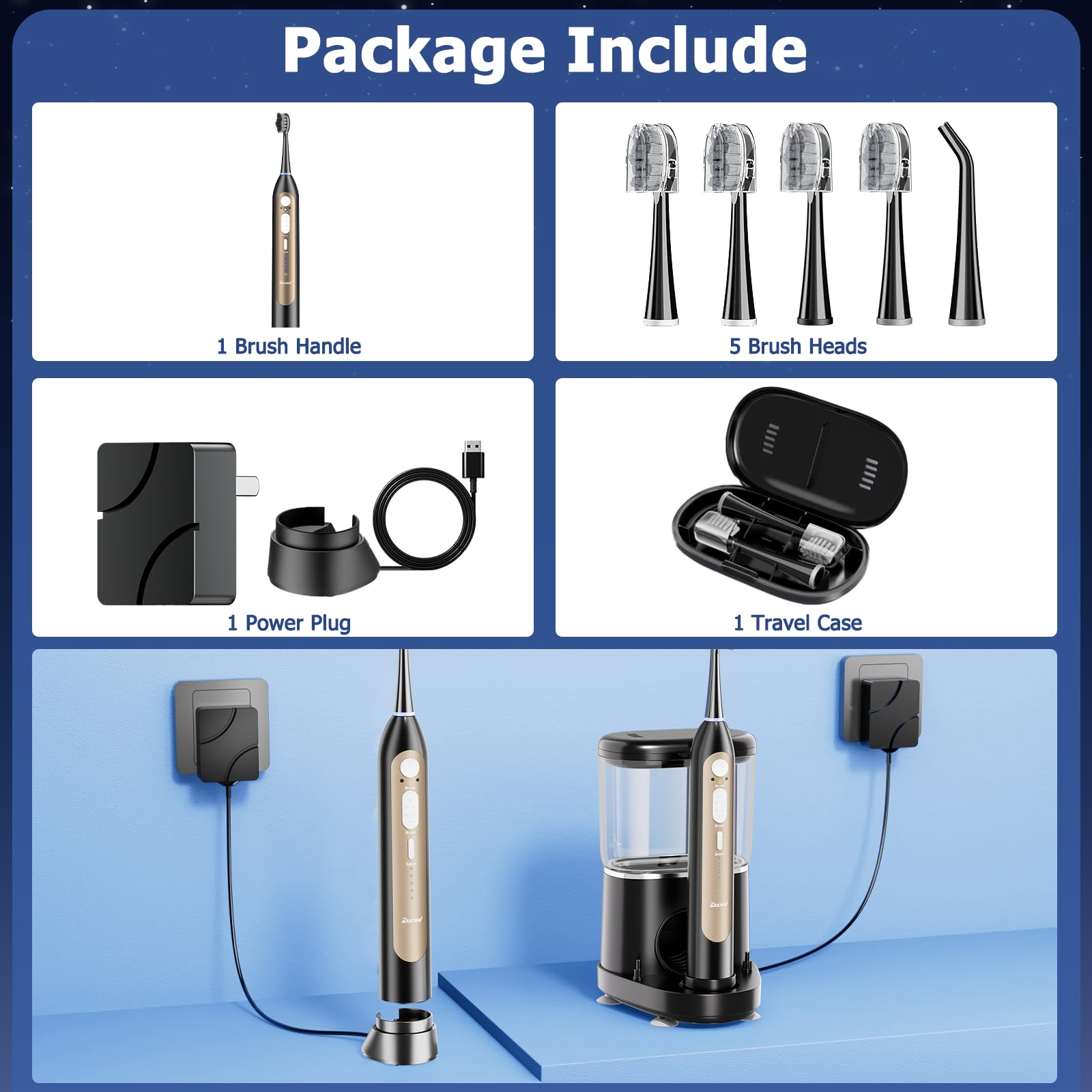 Cepillo de dientes eléctrico con hilo dental de agua, combo de cepillo de dientes mejorado para adultos, 5 velocidades y 3 modos, 30 días/carga para limpieza de dientes y eliminación de placa, dientes