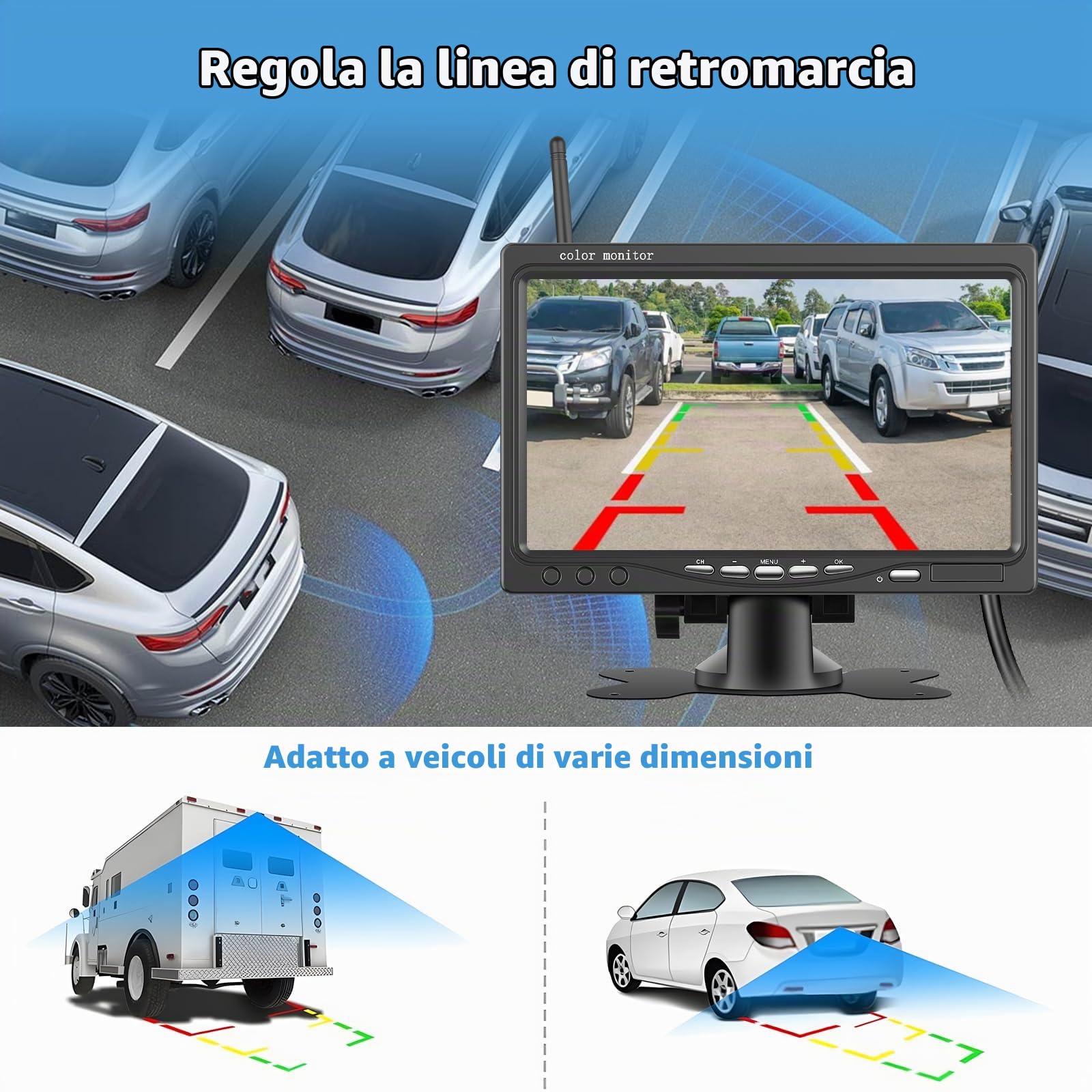 Telecamera per la Retromarcia Wireless Motorsi da 7'' con Schermo HD 1080P, Visione Notturna e Telecamera di Retromarcia Impermeabile IP68, Sistema di Retromarcia per Auto/SUV/Furgoni/Pickup/Camion