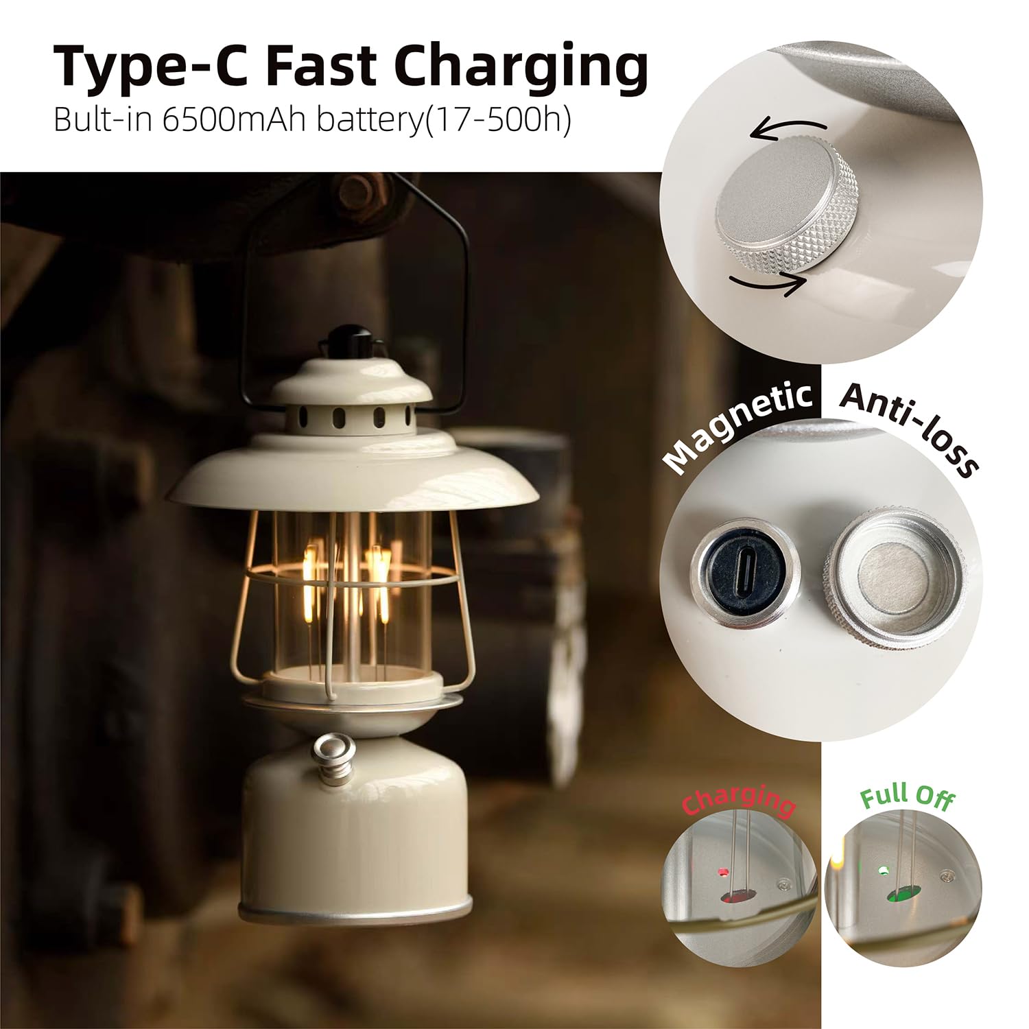 Lanterna da campeggio a LED classica in metallo, stile retrò, batteria ricaricabile da 6500 mAh, durata 17-500 ore, grande lanterna da appendere dimmerabile, luce da campeggio vintage con gancio per