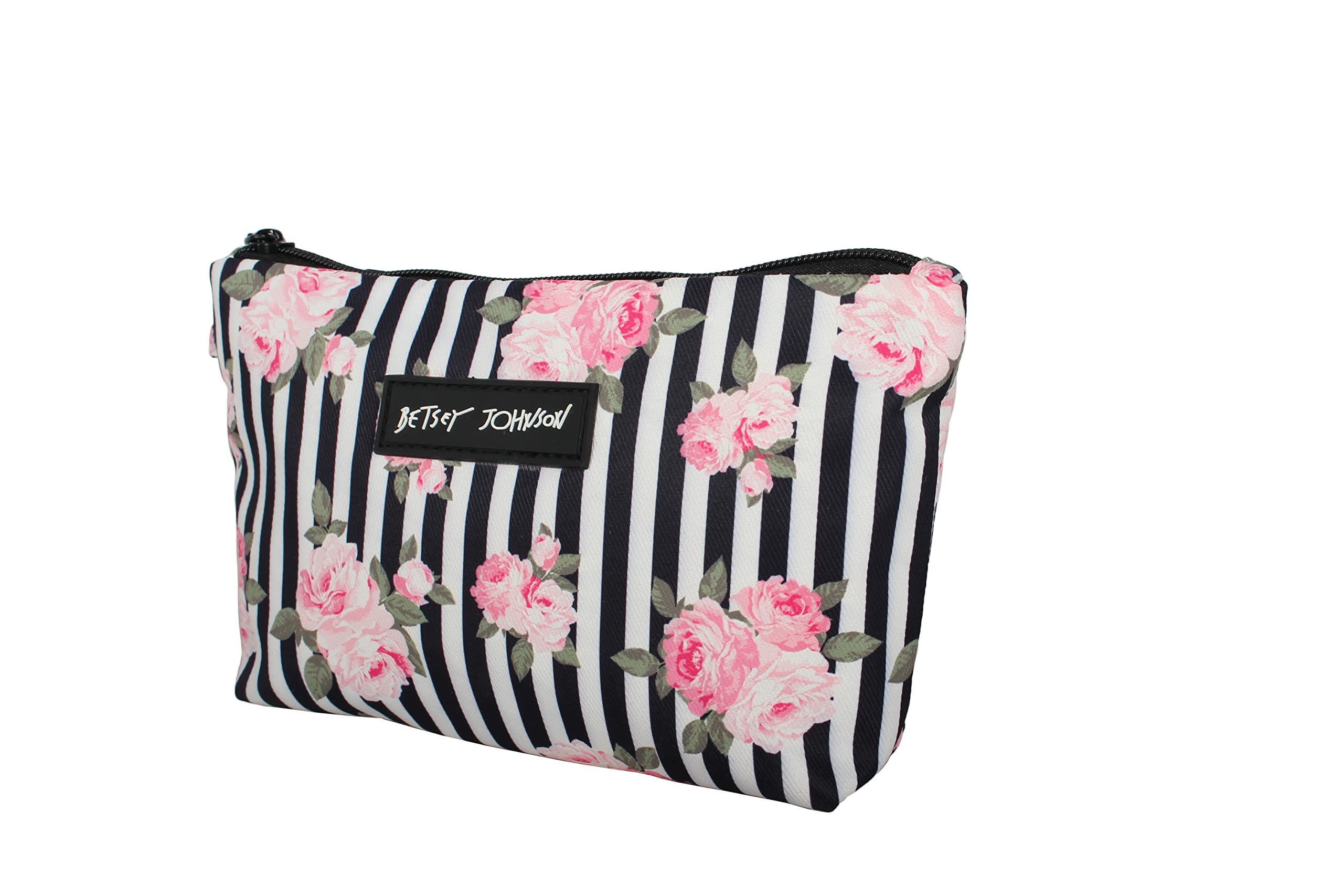 Betsey Johnson 8.5 Inch Zipper Cosmetic Pouch Small Toiletry BagLightweight Durable Polyester Organizer with Inner Zipped Pocket Good For Makeup Accessories and Travel Needs (Stripe Roses)