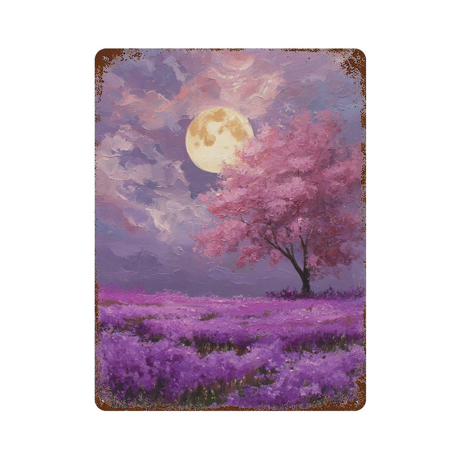 Garage Style Full Moon Lavender Field Painting Rustic Tin Plaque 15.7"x11.8", Farmhouse Wall Decor for Bar And Workshop