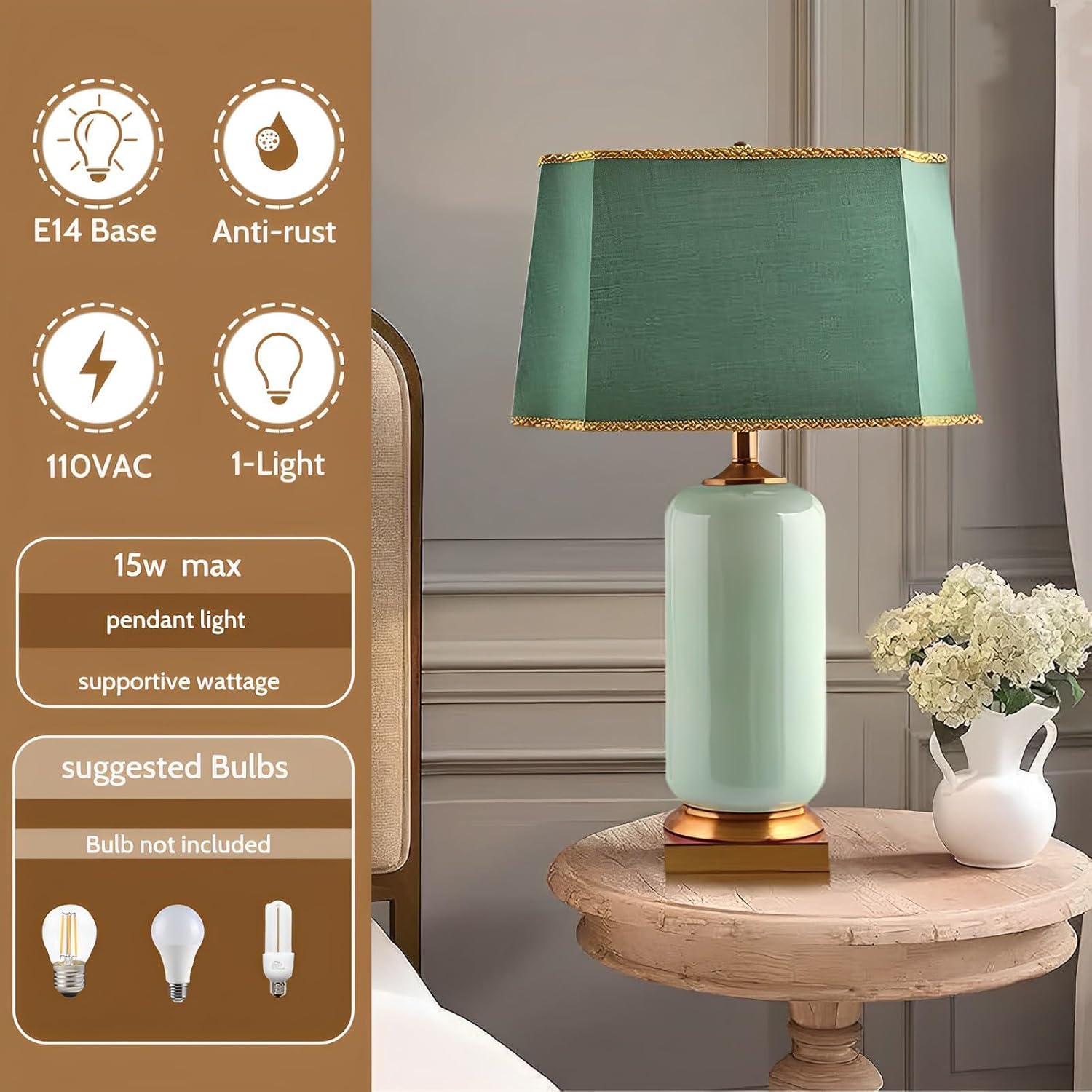 Lampada Da Tavolo In Ceramica Verde Da Pollici Lampada Da Scrivania A LED | Lampada da tavolo da comodino da comodino della metà del secolo con paralume rettangolare in tessuto