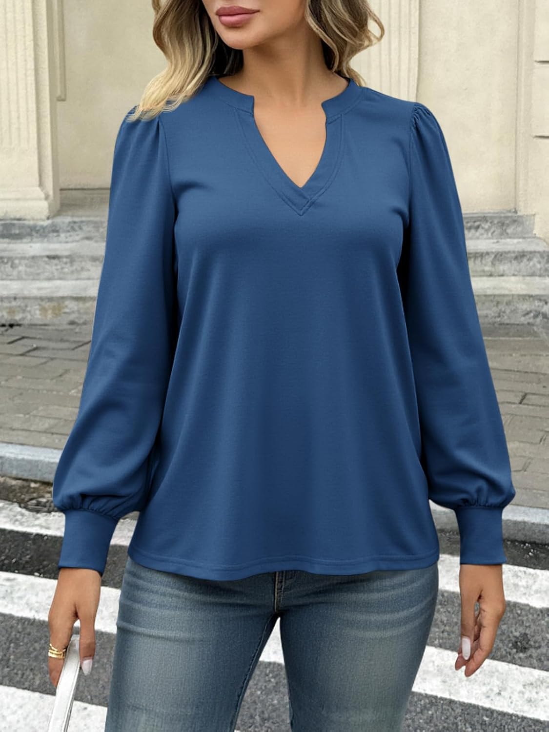 Tankaneo Womens Puff Long Sleeve Tunic Tops Trendy Casual V Neck Fall Shirts Loose Fit Basic Tees - Image 6