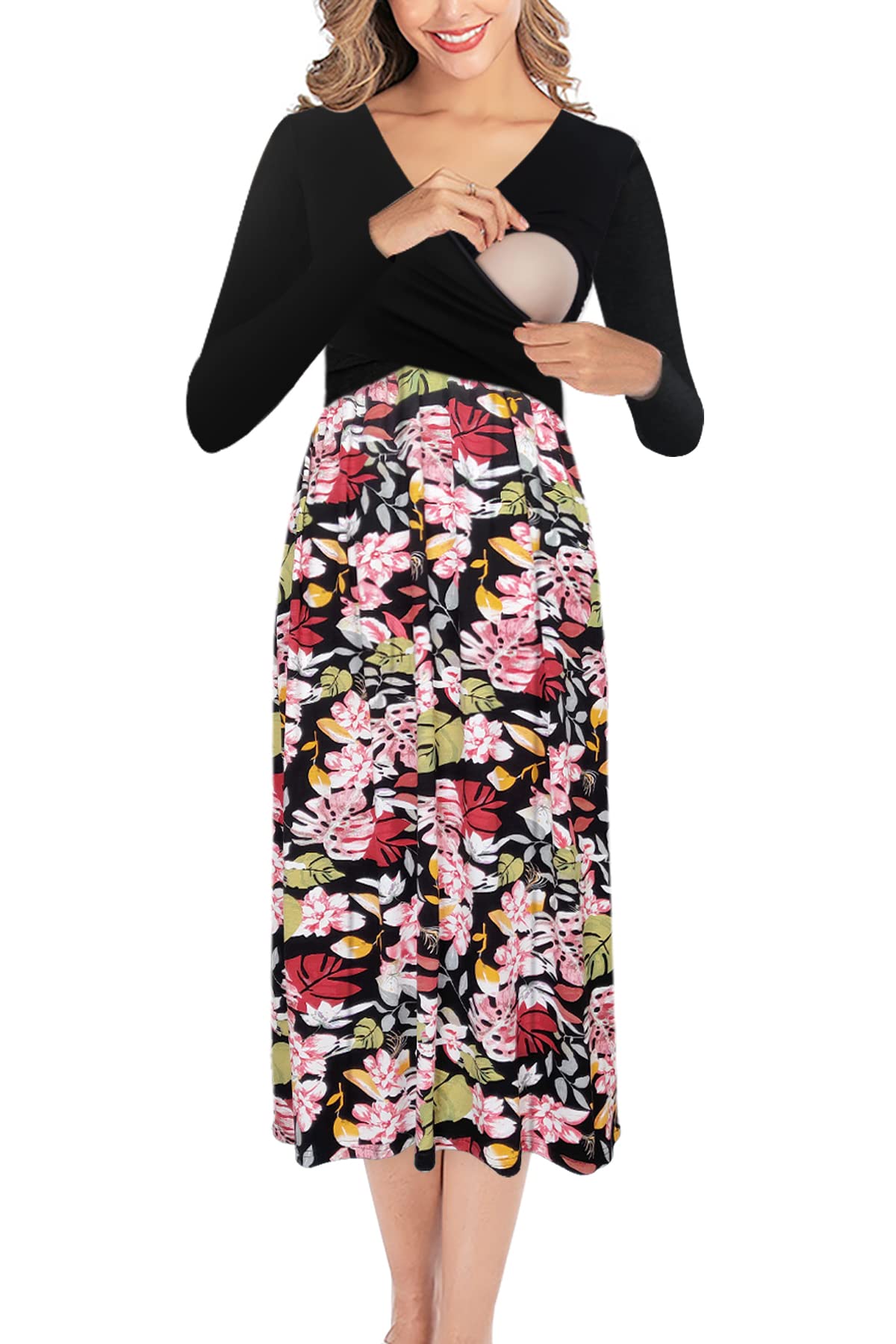 PARNIXS Women's Fashion V-Neck Dress Breastfeeding Nursing Dress Maternity Dresses