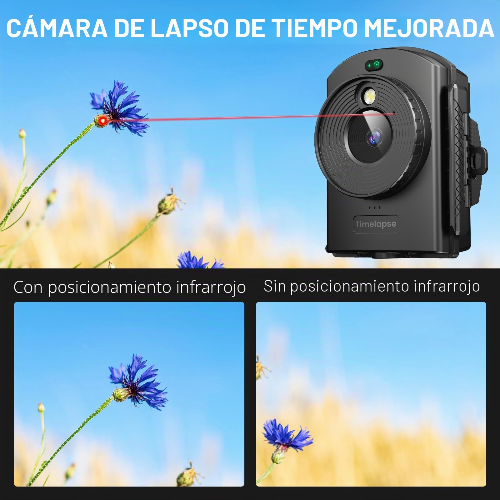Cámara de Lapso de Tiempo con Posicionamiento Infrarrojo y Luz LED, 180 Días de Grabación, Videos y Fotos 1080P AVI para Construcción Exterior, Crecimiento de Plantas, Paisaje (Tarjeta TF 64GB)