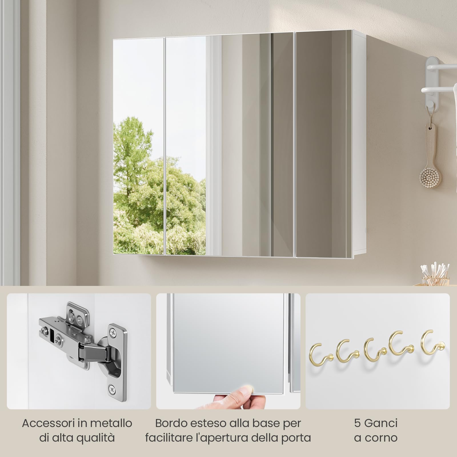 EUGAD Armadietto Bagno con Specchio, Mobile Bagno Sospeso, con 3 Ante, Ganci, Ripiani Regolabili, Stile Nordico, Bianco, 70x14,5x61 cm