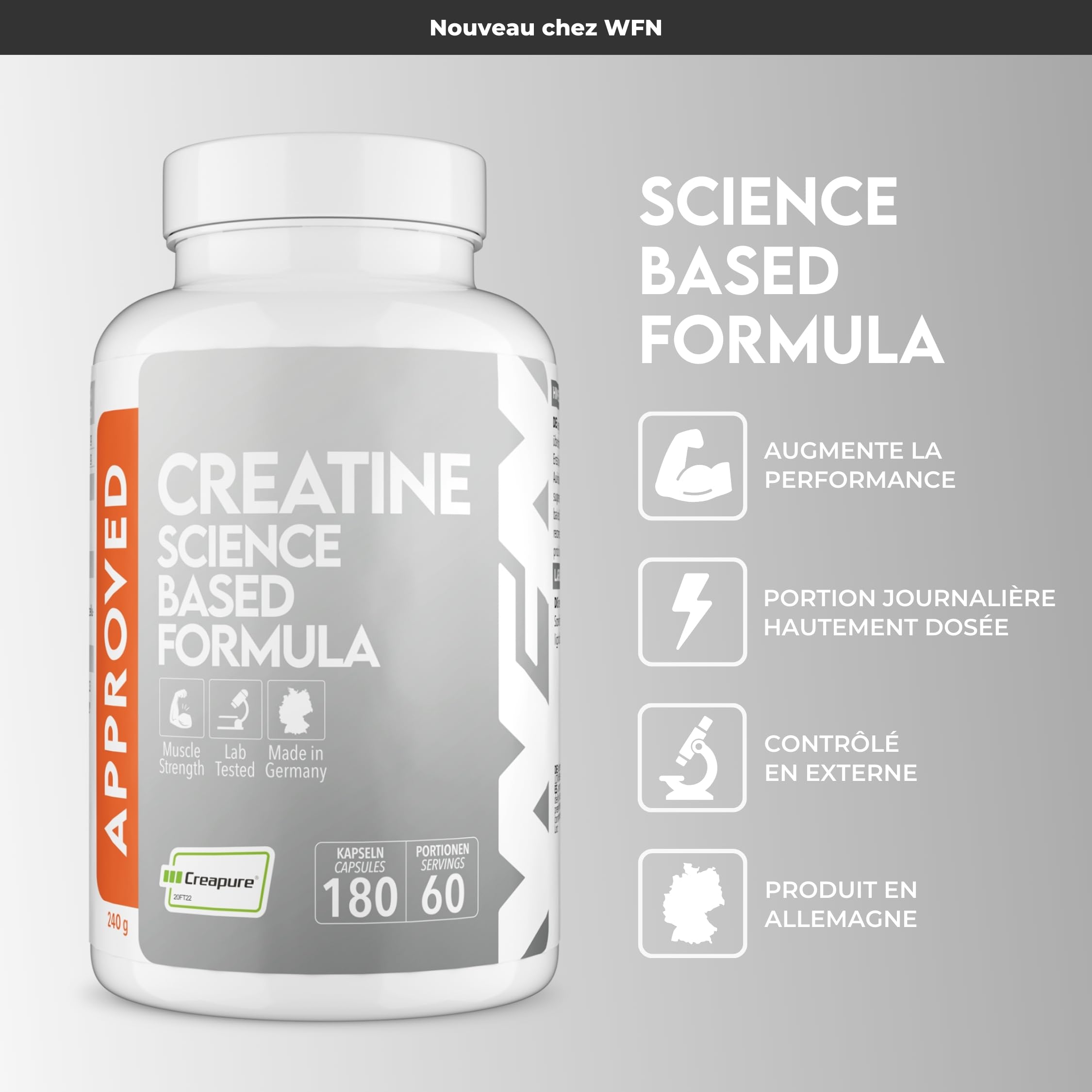 WFN Approved Creatine Capsule - Créatine Monohydrate Creapure Gelules - 180 Gélules - 60 Portions - Végétalien - Testé en Laboratoire