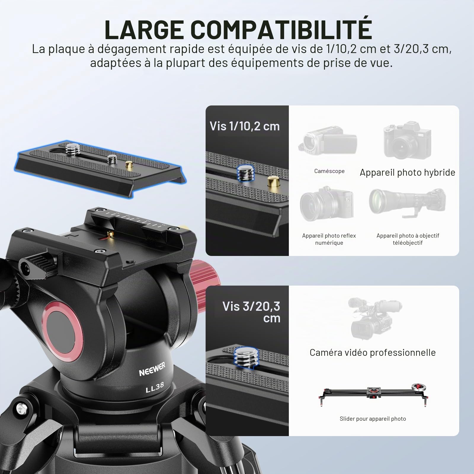 NEEWER Trépied pour appareil photo vidéo 2 m avec tête fluide, trépied haute performance en aluminium avec fermeture rapide et plaque QR compatible avec caméscope Canon Nikon Sony DSLR Charge maximale