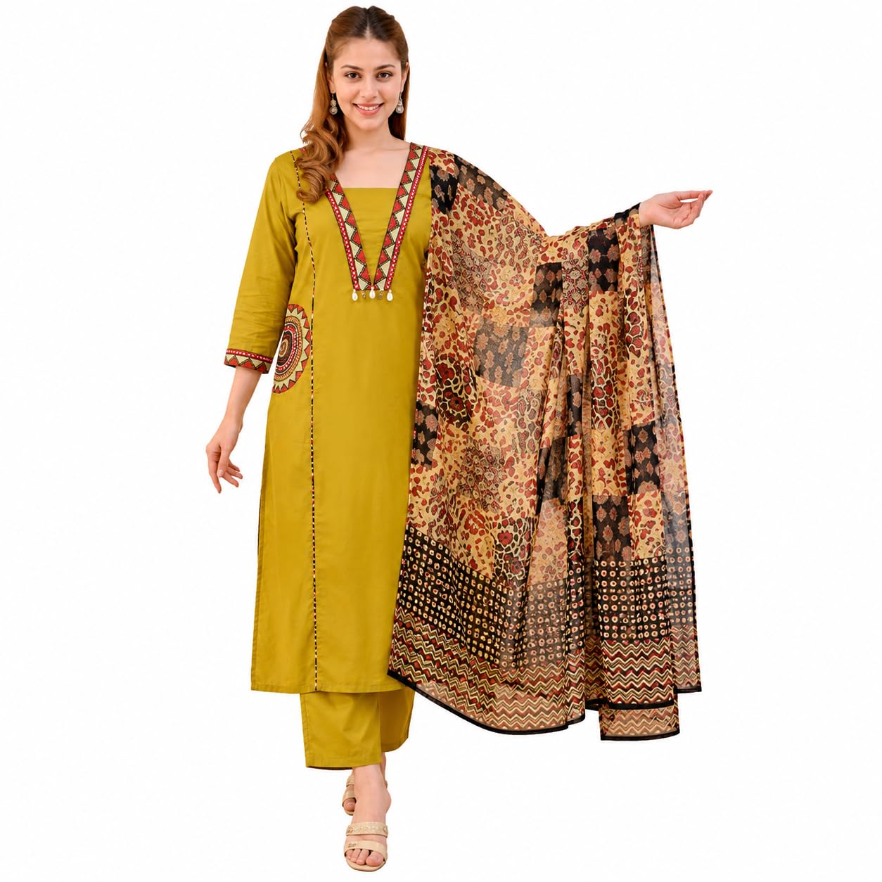Women's Mustard Embroidered Straight Kurta Pant Set with Black Printed Dupatta | Ethnic Wear for Festive, Casual & Office Wear-picture-42