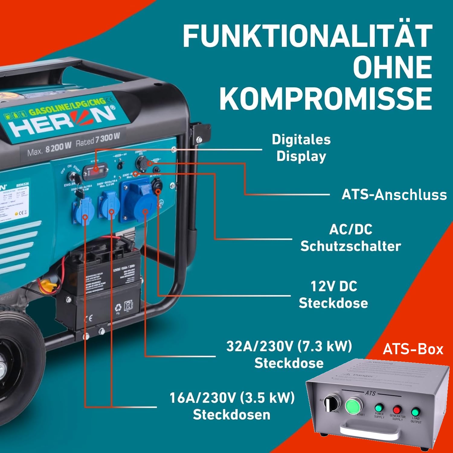 Heron Hybrid Benzin- & Gasgenerator (LPG/NG) und Notstromaggregat, 8,2 kW, mit 25L Tank, Elektrostarter, zwei 16A 230V & einer 32A 230V-Steckdose, mit AVR & ATS-Umschaltbox