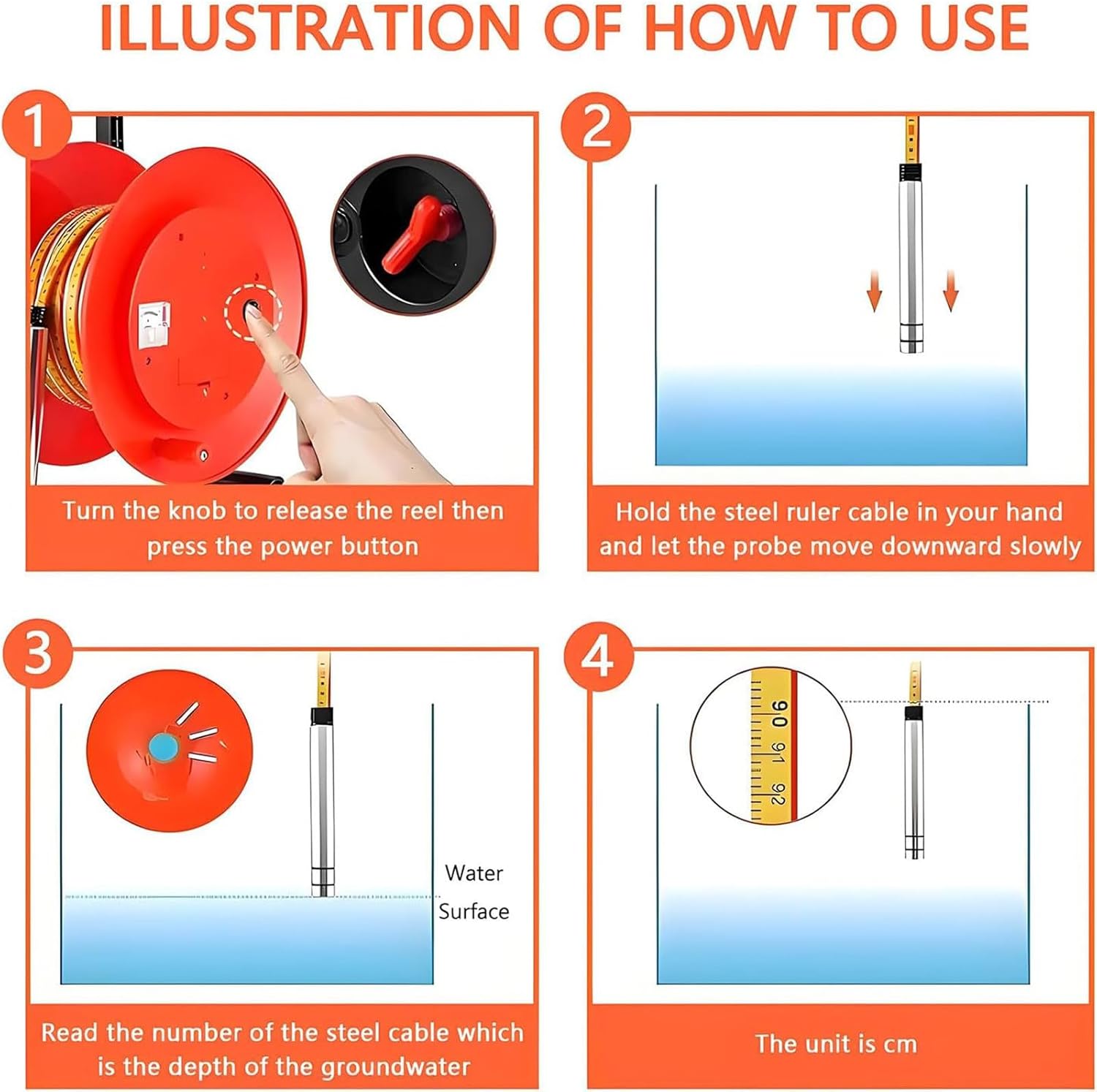 Water Level Meter,10-300m Groundwater Levels Measuring,Water Level Indicator,Well Water Depth Sounder,Electronic Water Level Gauge with Fixed Probe and Steel Tape 20m(65.6ft)