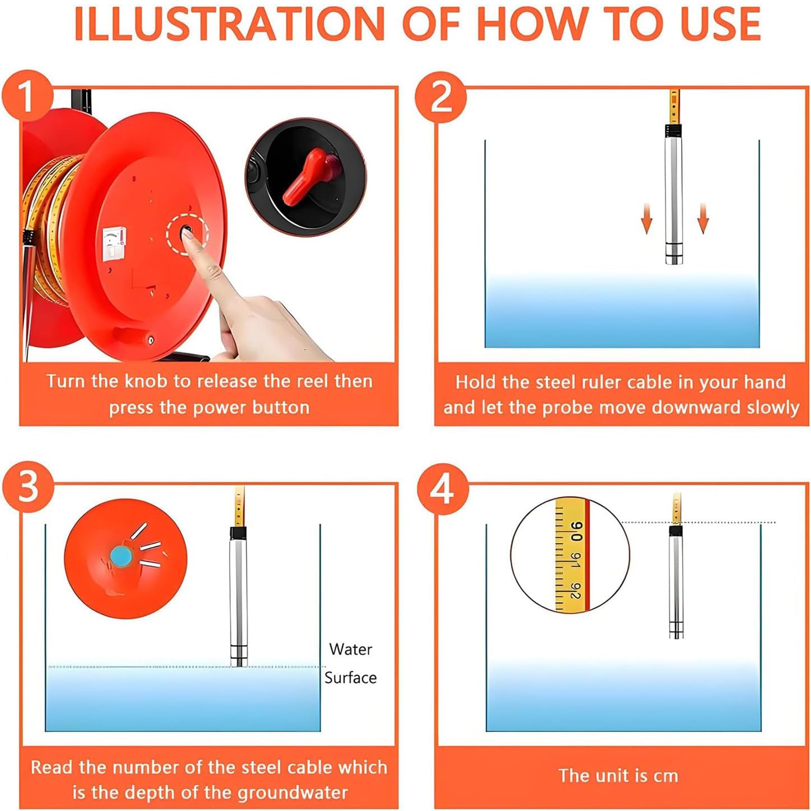 Medidor de nivel de agua con sonda de acero inoxidable y cinta, medidor de profundidad con voltímetro y alerta de zumbador para pozos, pozos, depósitos