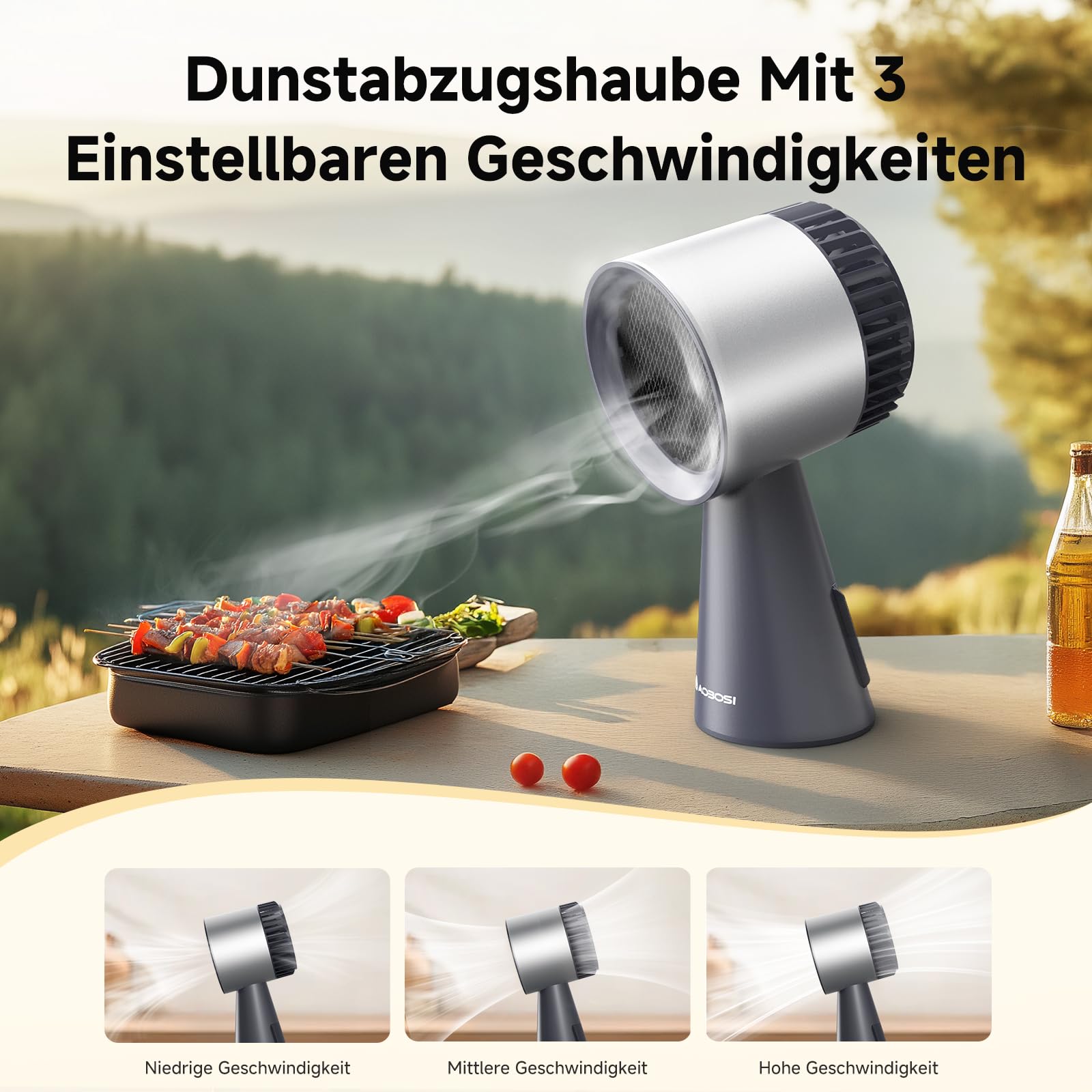 AAOBOSI Mini Dunstabzugshaube, Tragbare Abzugshaube mit Austauschbarem Filter, 3 Geschwindigkeiten, für BBQ, Kochen, Hot Pot, Camping, Wohnmobil, Küche
