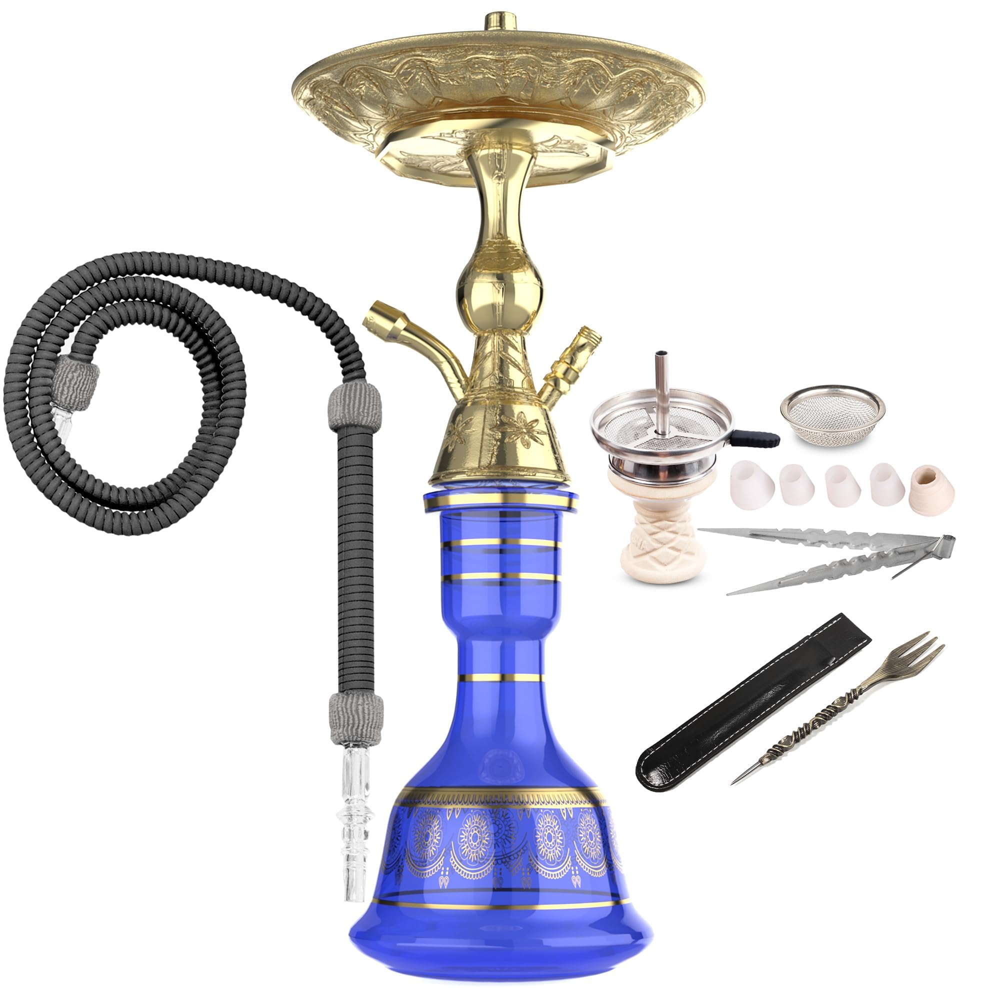 Luna Hookah Premium Travel Tradi Shisha Set Completo Absoluto Diseño Elegante | Pipa De Agua Tradicional De 43 cm Con Cabeza De Piedra, Chimenea, Manguera Tradicional Y Pinzas (Azul Oscuro)