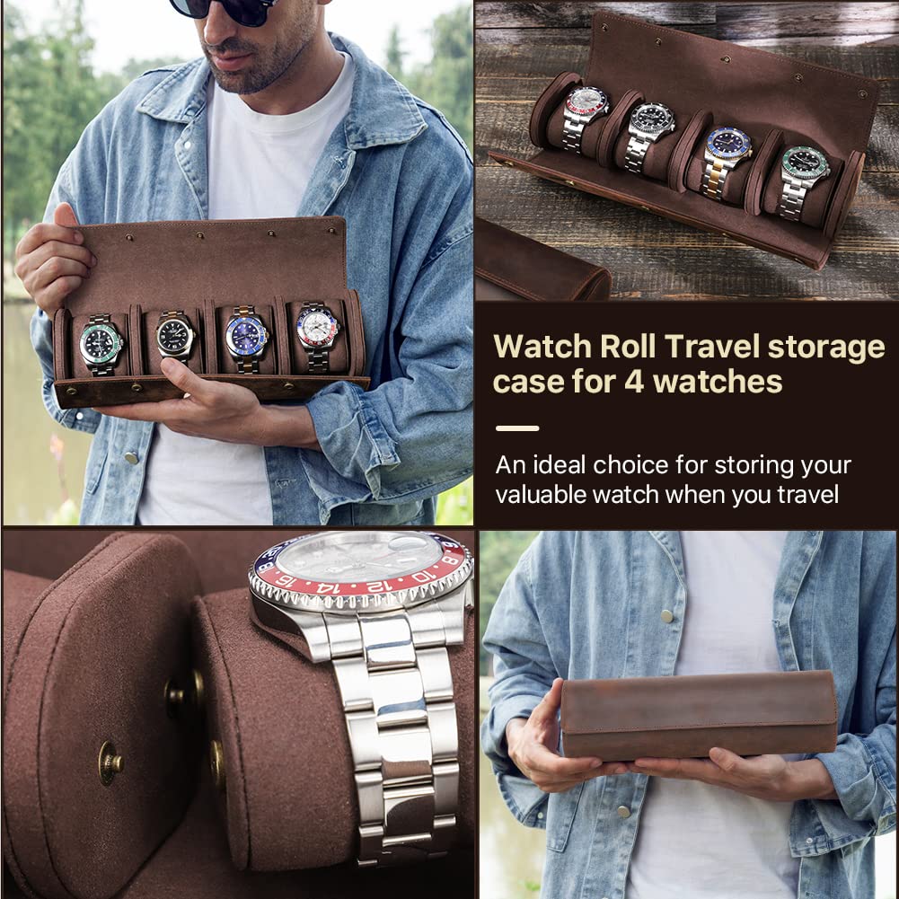 Estuche Enrollable Hiram para 4 Relojes - Estuche de Almacenamiento de Cuero Genuino Hecho a Mano con diseño de Ranura de Montaje con cojín extraíble - Caja Protectora
