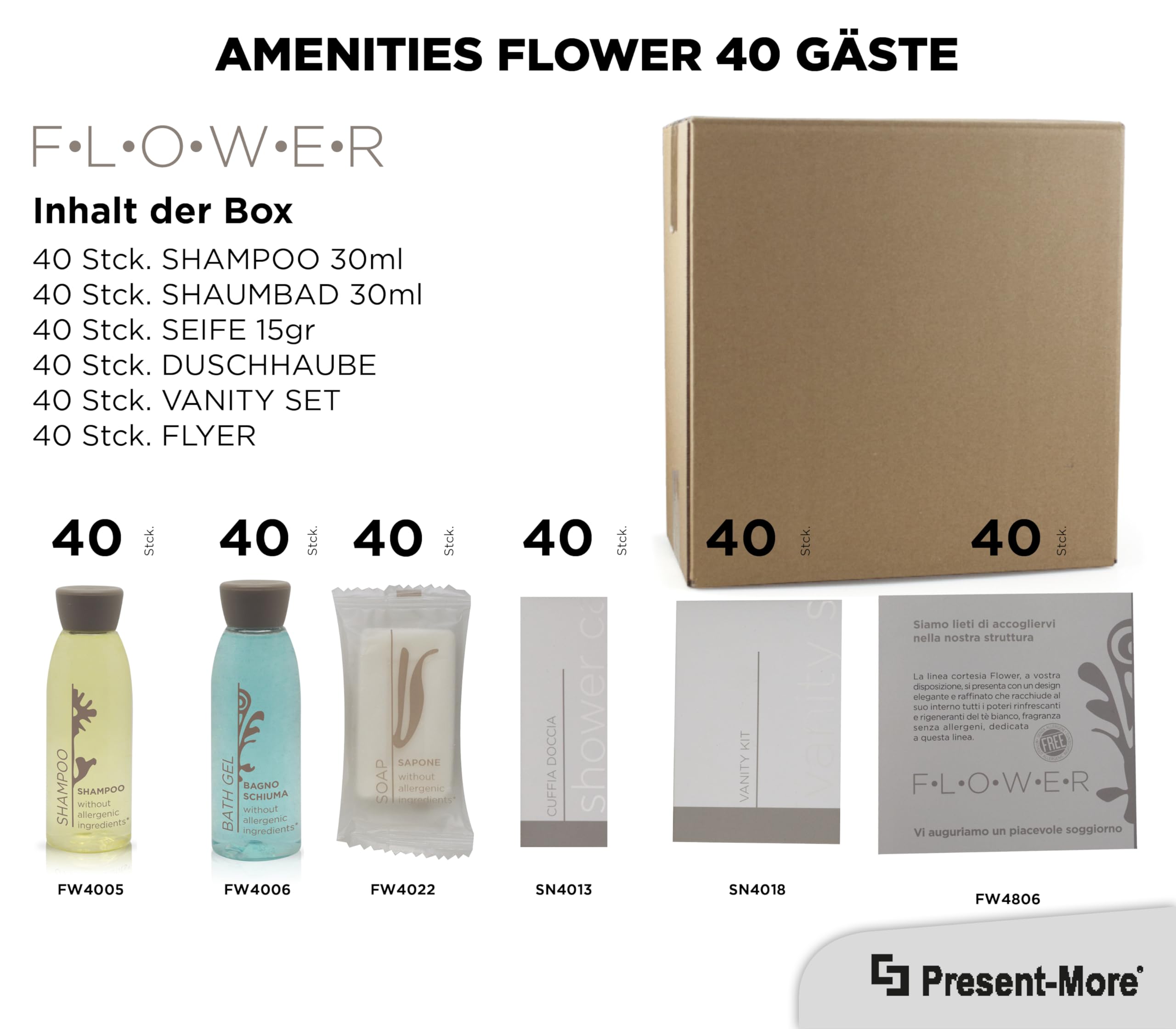 Present-More Amenities Kit Flower - Toilettenartikel 40 Gäste für Hotels und B&B | Allergenfreie Amenities Kit mit Duftnoten von weißer Tee