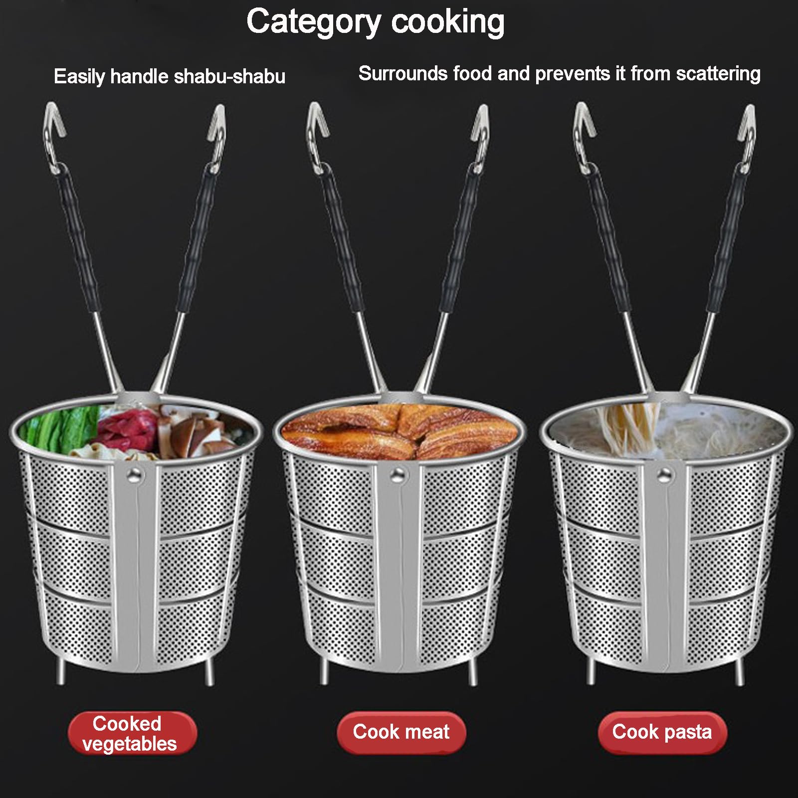 Cestello scolapasta in acciaio inox, con apertura e chiusura, per cucina, pasta, carne, verdura, inserti in rete con manico