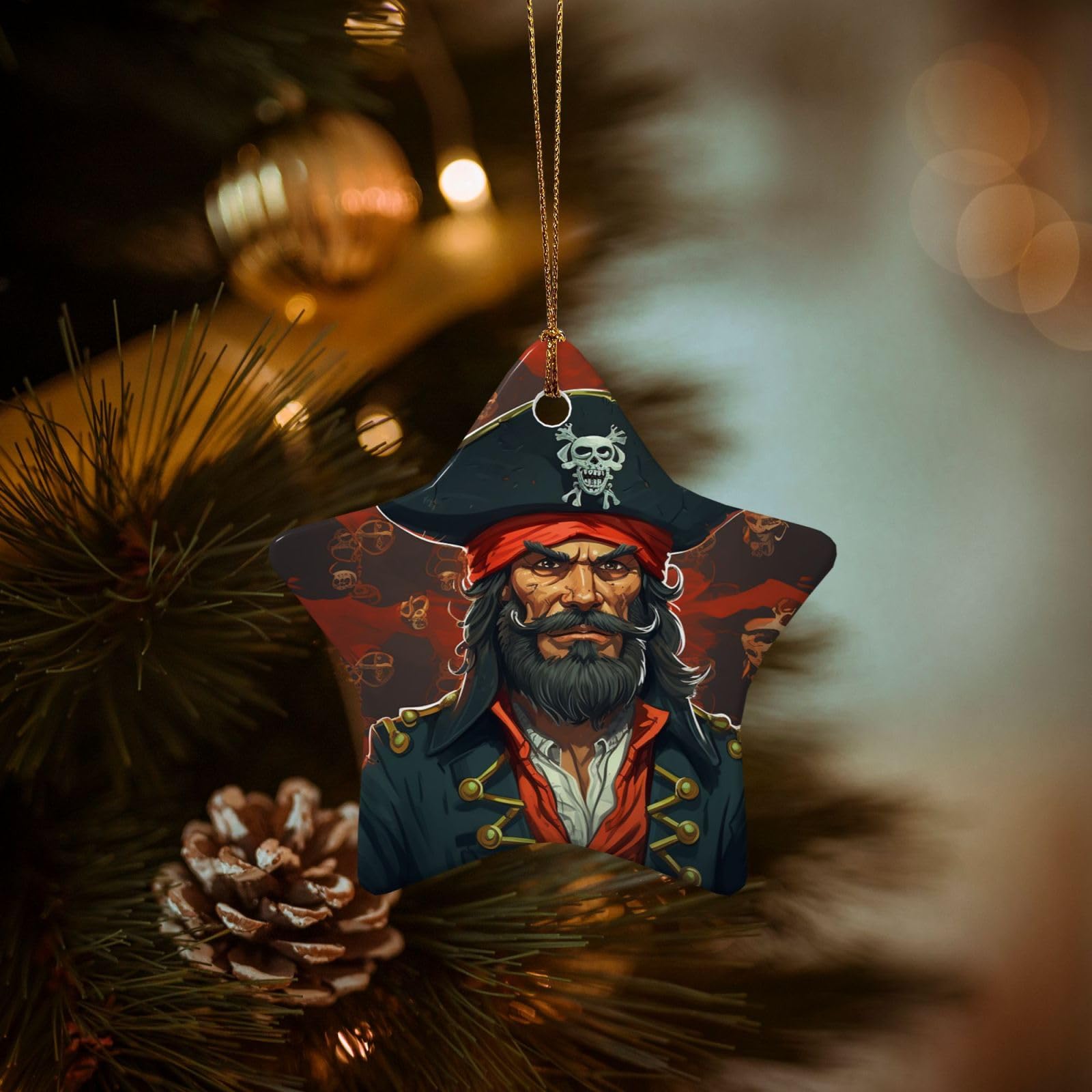 Christmas Ornaments for Christmas Tree Decoration Hanging Pirate Captain Ornament with Gold Ribbon Crafts Star Shape Ceramic Pendant for Keepsake Gifts Xmas Decor Party Supplies