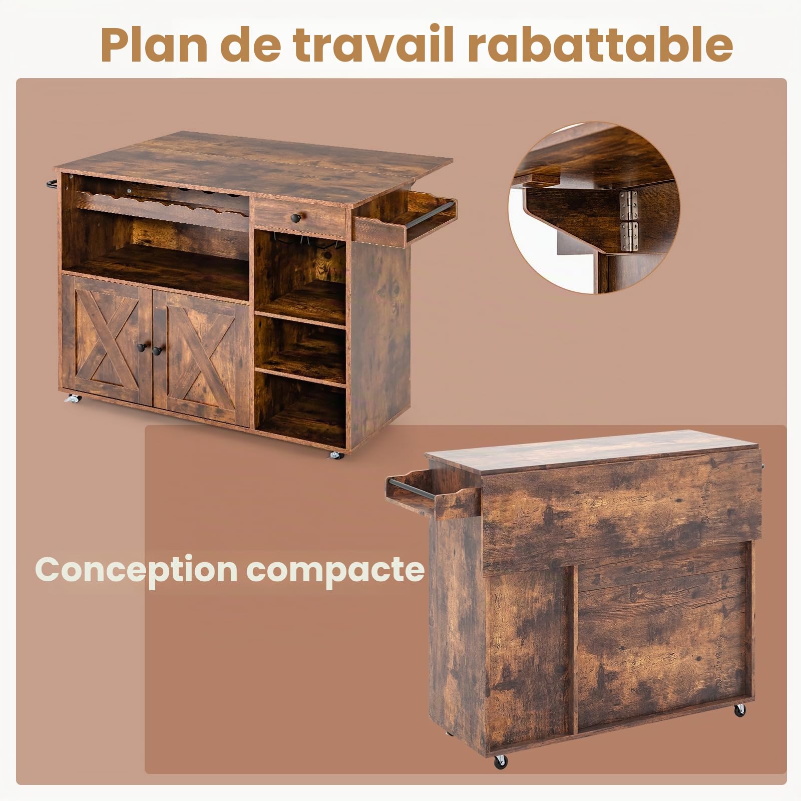 KOMFOTTEU Chariot de cuisine avec îlot de cuisine polyvalent, plateau pliable, étagère à vin, porte-verre, tiroir, étagères, bois rustique marron