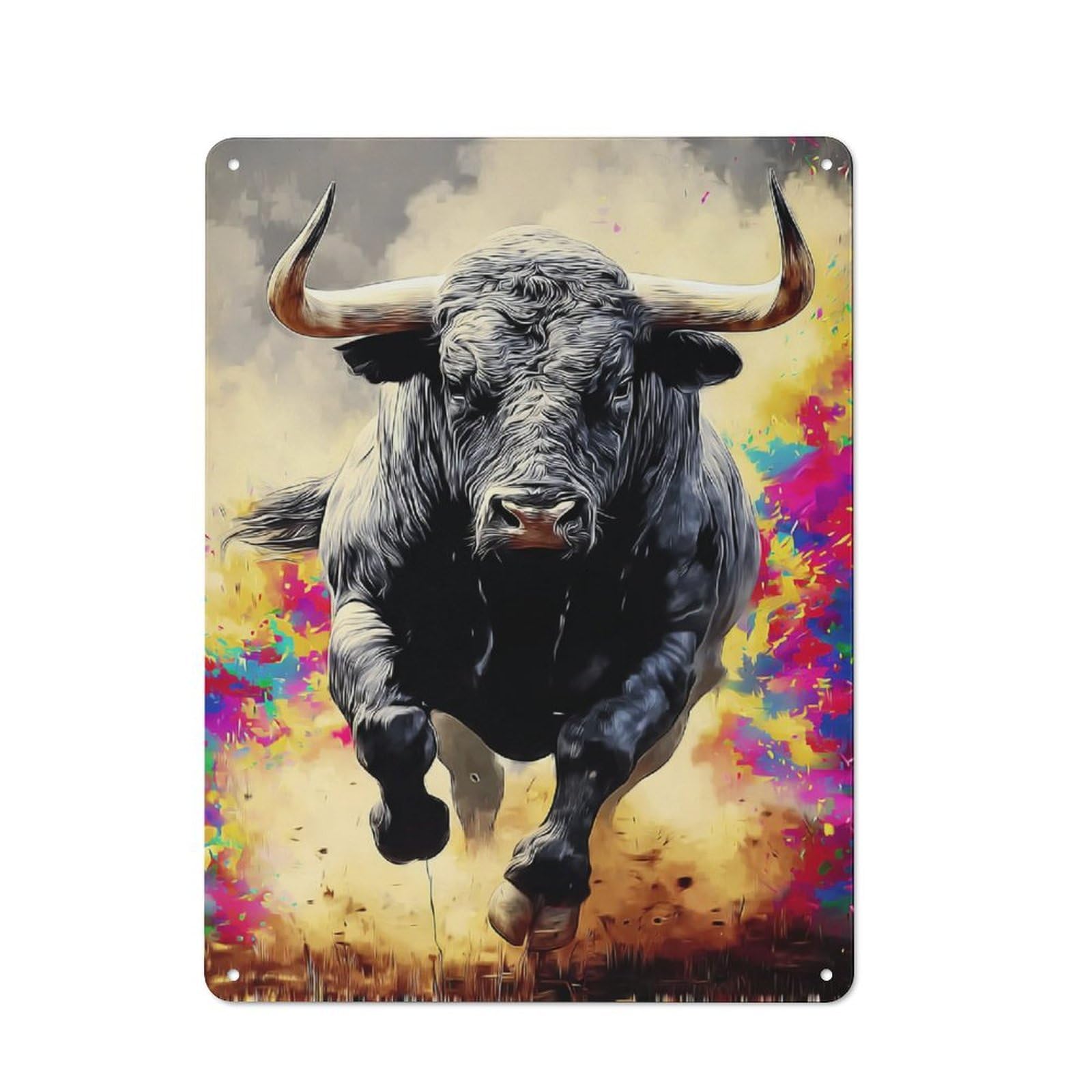 Junmoney Colorful Bull In Motion Rustic Metal Wall Decor 40X30cm, Rustic Metal Sign For Farmhouse Kitchen, Pantry Or Dining Area