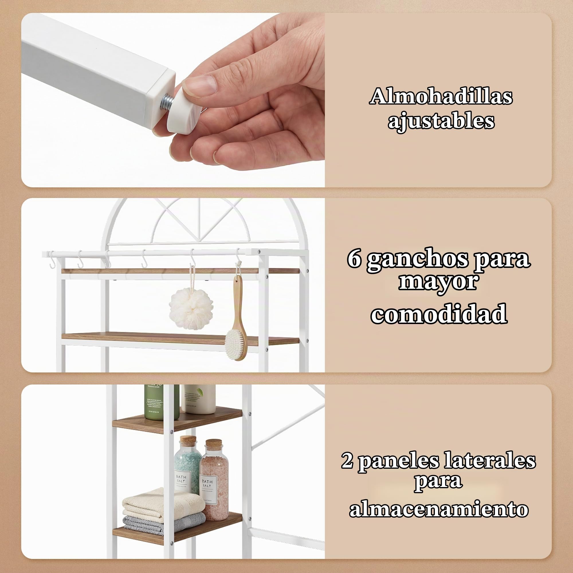 YITAHOME Estantería para Colocar Encima de la Lavadora o del Inodoro, con 3 estantes, diseño arqueado, Fabricada en Metal y Madera, con cajón, 86 x 200 x 40 cm, Color Blanco