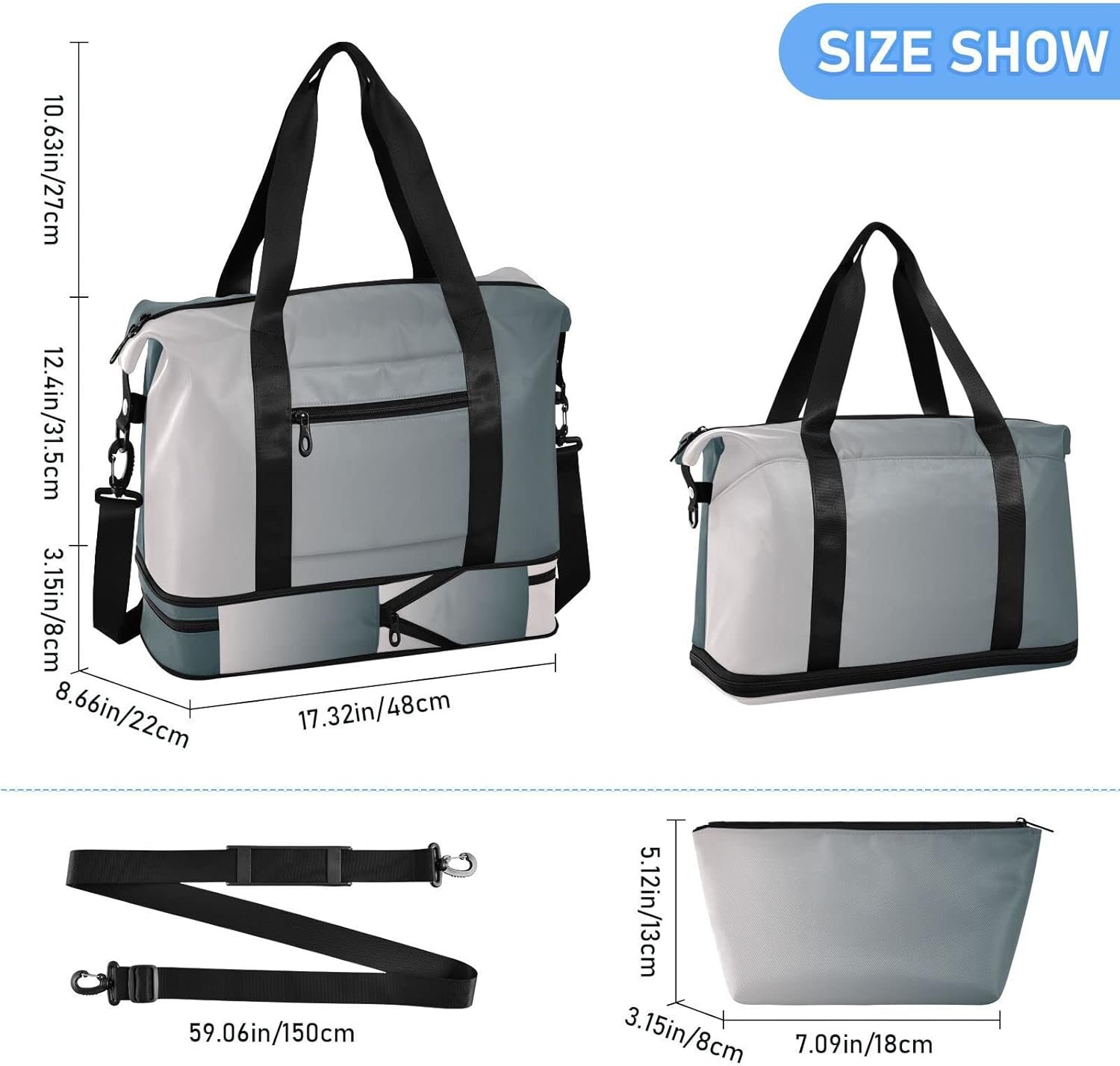 Grey Gradient Travel Duffle Bag for Women Men Sports Duffel Bag with Separate Shoe Compartment and Toiletry Organizer Dry Wet Separate Gym Bag for Travel Beach Gym