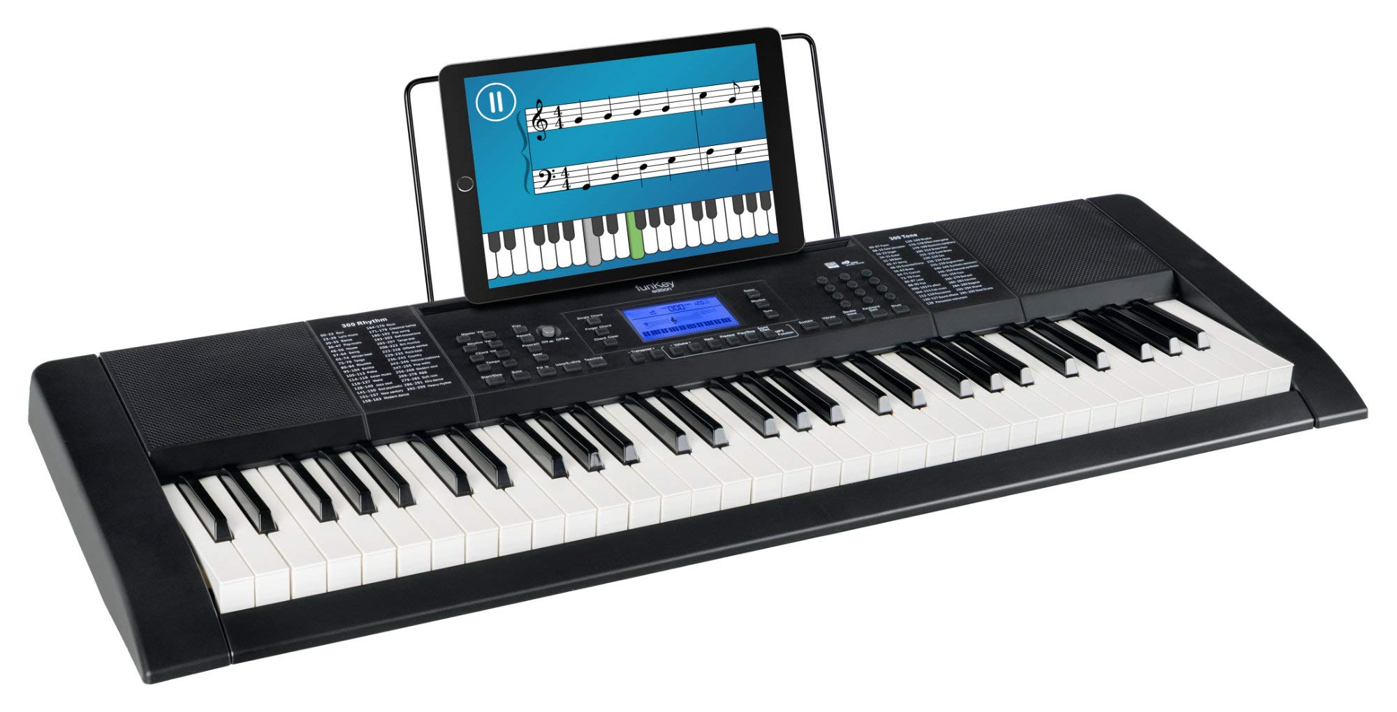 FunKey 61 Edition Pro Schwarz, 300 Sounds, 300 Rhythmen, 40 Demosongs | Sustain, Vibrato, Double Voice, Transpose, Tastatur-Split, Intro/Ending, Drum, Aufnahmefunktion, Begleitung: Sync, Fill In