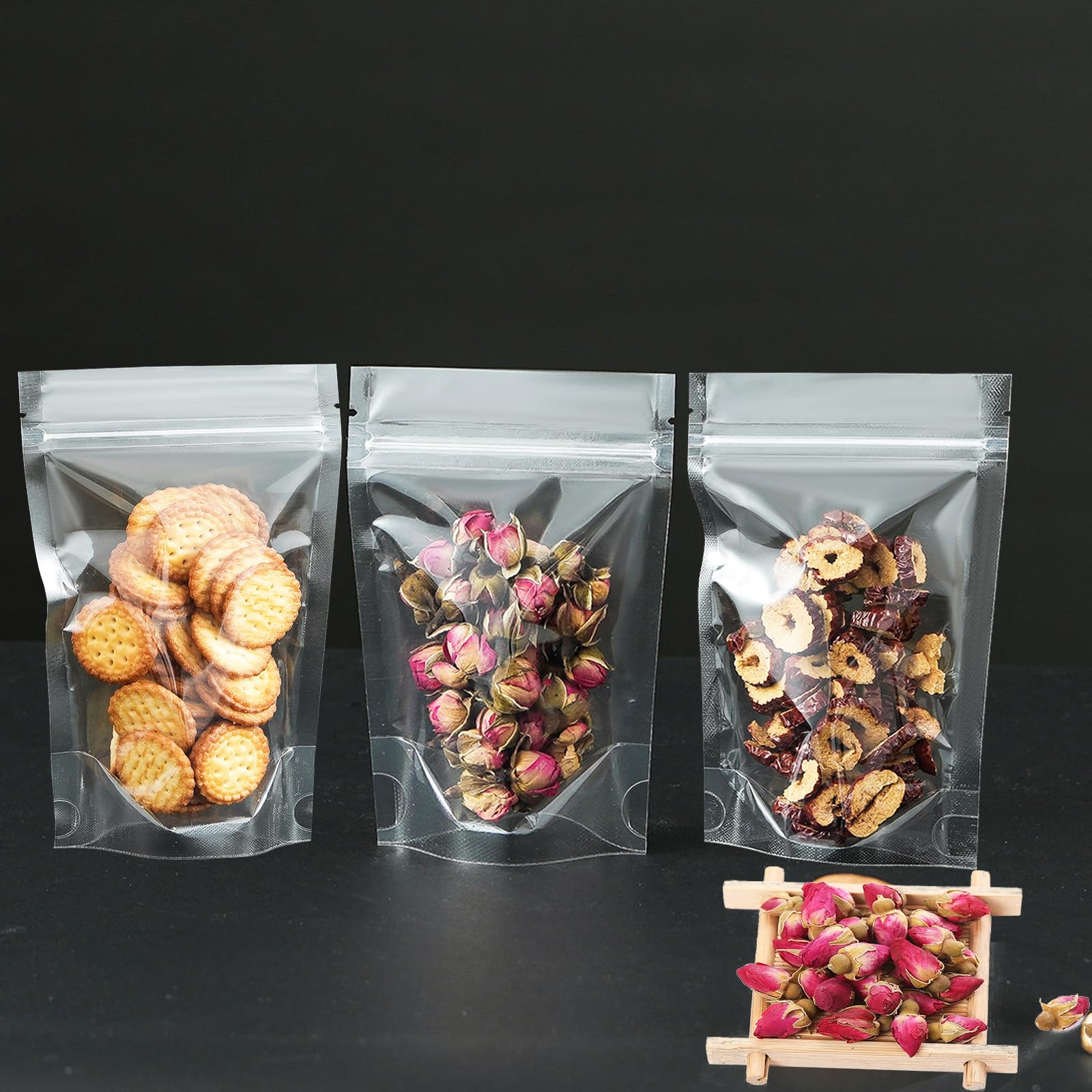 50 Pcs Resealable Packaging Bags, clear stand up food pouch bags with resealable lock seal zipper for Packaging Products,Nuts,Snack,Tea,Spices,Pet Food and Soaps (4.7x7.9inch)
