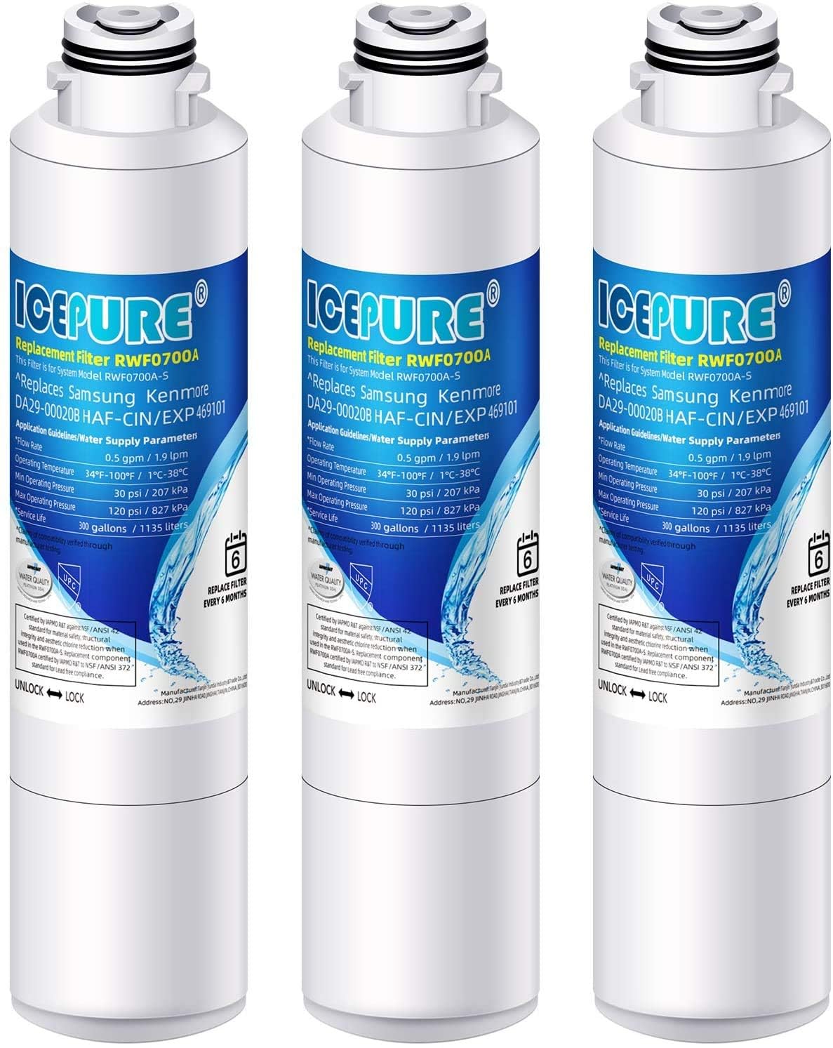 ICEPURE Filtro de agua de refrigerador Compatible Con Samsung DA29–00020B, DA29–00020 A, haf-cin/EXP, 46–9101 blanco, 3 piezas