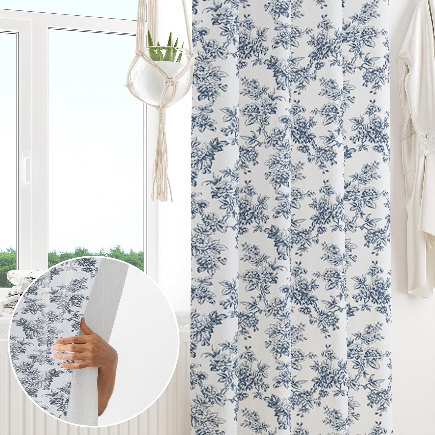 Rideaux Floraux Vintage pour Chambre Rideaux de Ferme Fleur Bleue Style Cottage de Campagne Rideaux à Motifs Passe-Tringle Miteux Chic Traitement de Fenêtre Salon Pergola 135x245cm 1 Panneau