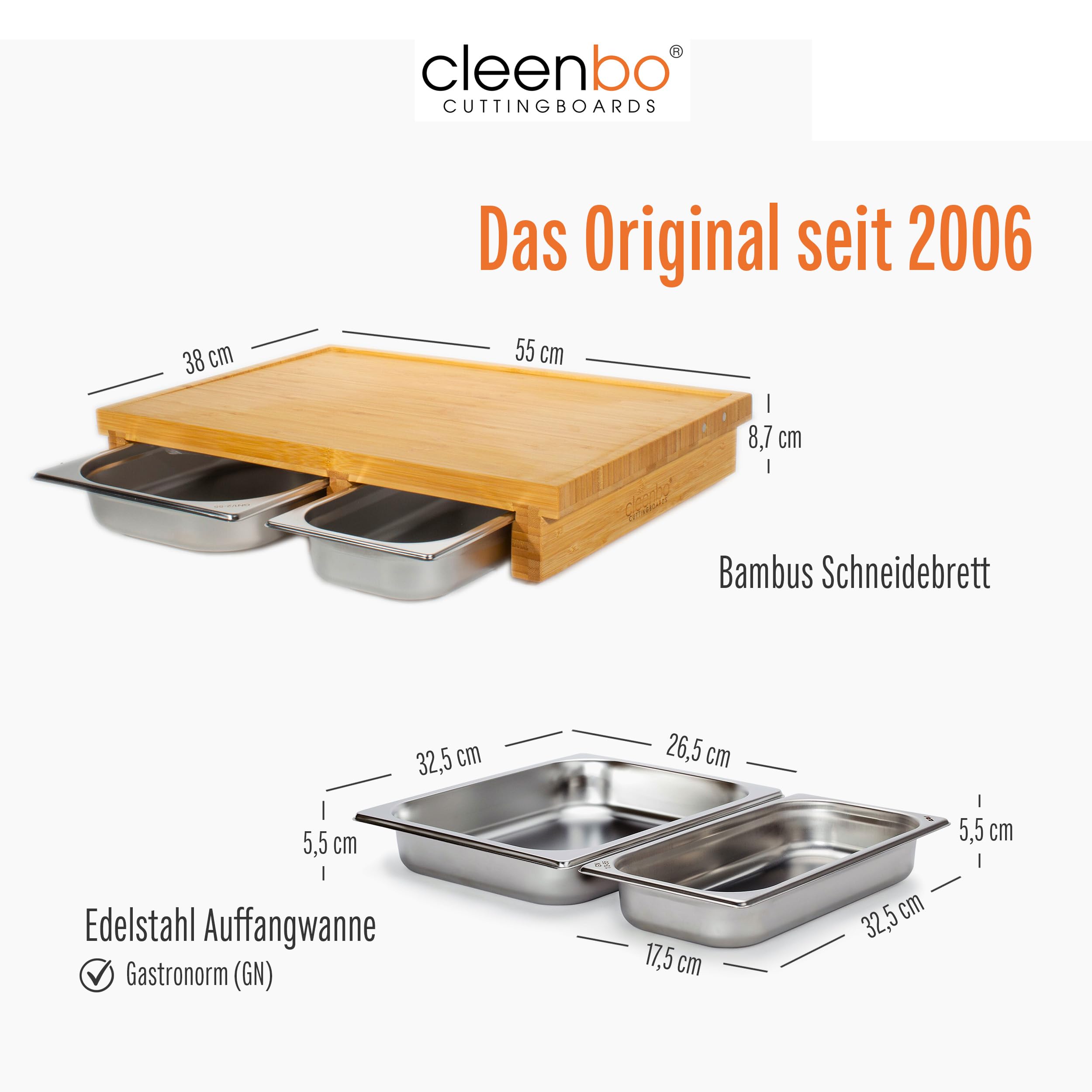 Schneidebrett "duo classic bamboo BBQ" mit zwei Auffangbehälter, Profi Holz Küchenbrett - Schneidbrett XXL extra groß aus Bambus mit 2 Edelstahl Auffangschalen & Saftrille - 55 x 38 x 8,7cm