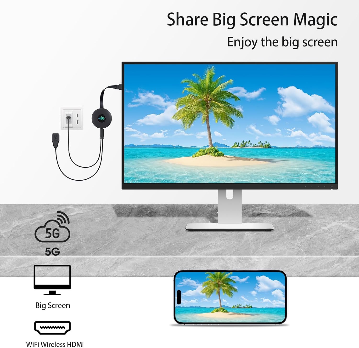 5G Wireless HDMI Display Adapter Dongle, 4K Miracast Dongle, Screen Mirroring for i-Phone, Android, Laptop, Window to HDTV/Monitor/Projector, Compatible DLNA,Miracast, AirPlay (Pearlescent Black)