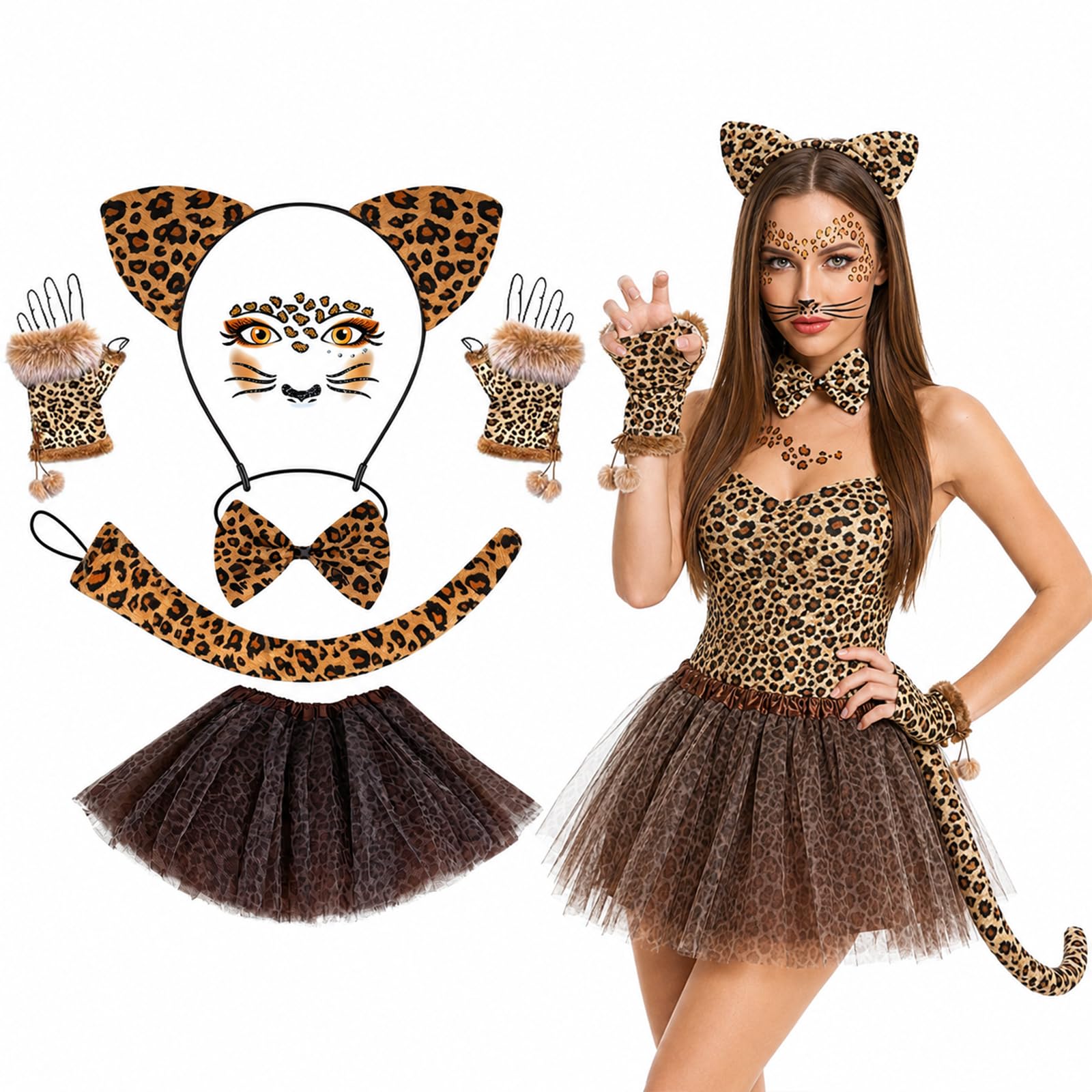 Cctetn Leopard Costume Set for Girls Women, 6 Pcs Animal Dress Up with Ears Headband, Tail, Bow Tie, Tutu Skirt, Gloves and Face Stickers, Leopard Print Halloween Costume for Cosplay Party (Brown)