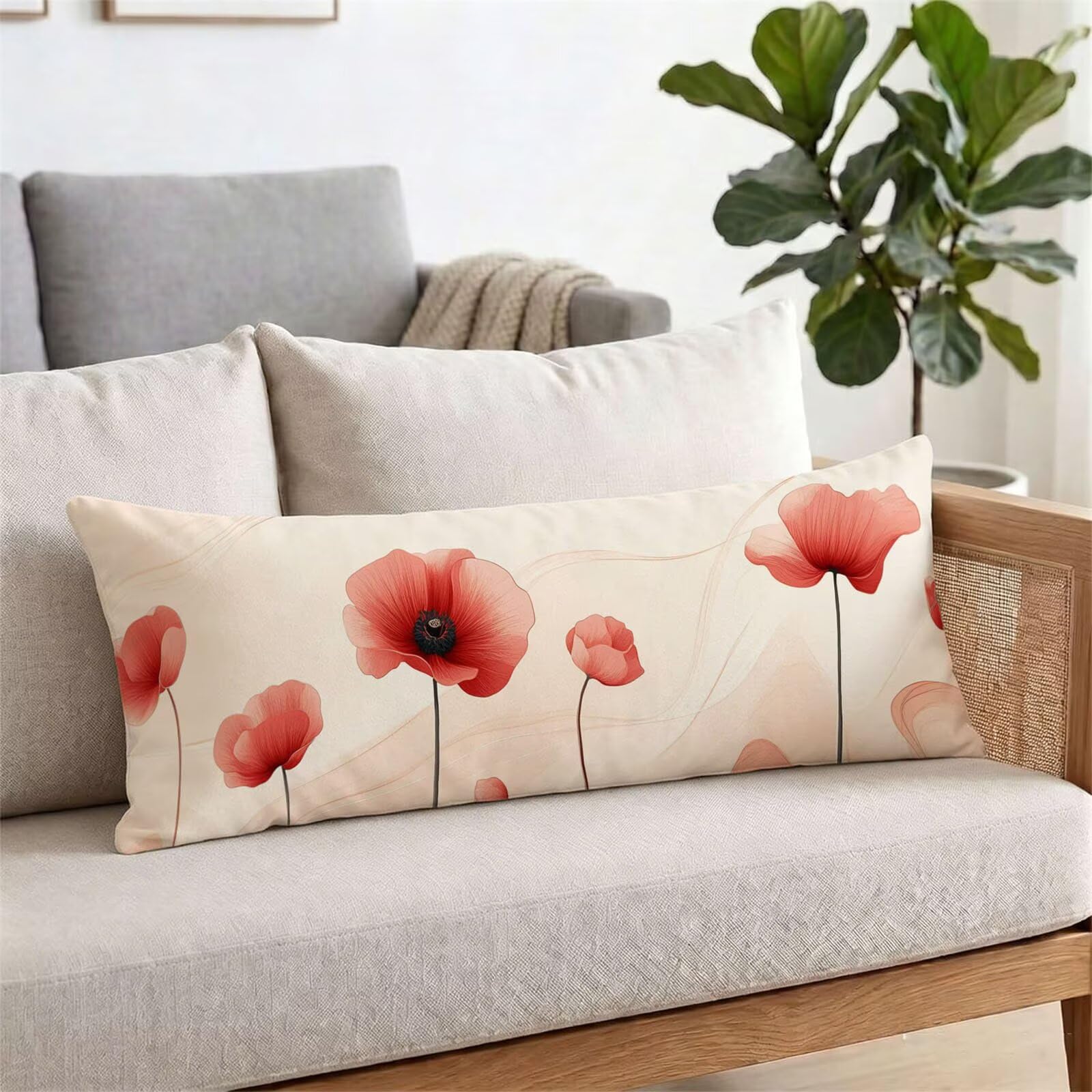 Funda de Almohada 60 x 180 cm Flor Protector Almohada 180 cm con Cremallera Invisible, Lino Durable y Transpirable Pillow Case Largas Rojo Impresión a Doble Cara para Cama, Sofá y Dormitorio dg-126