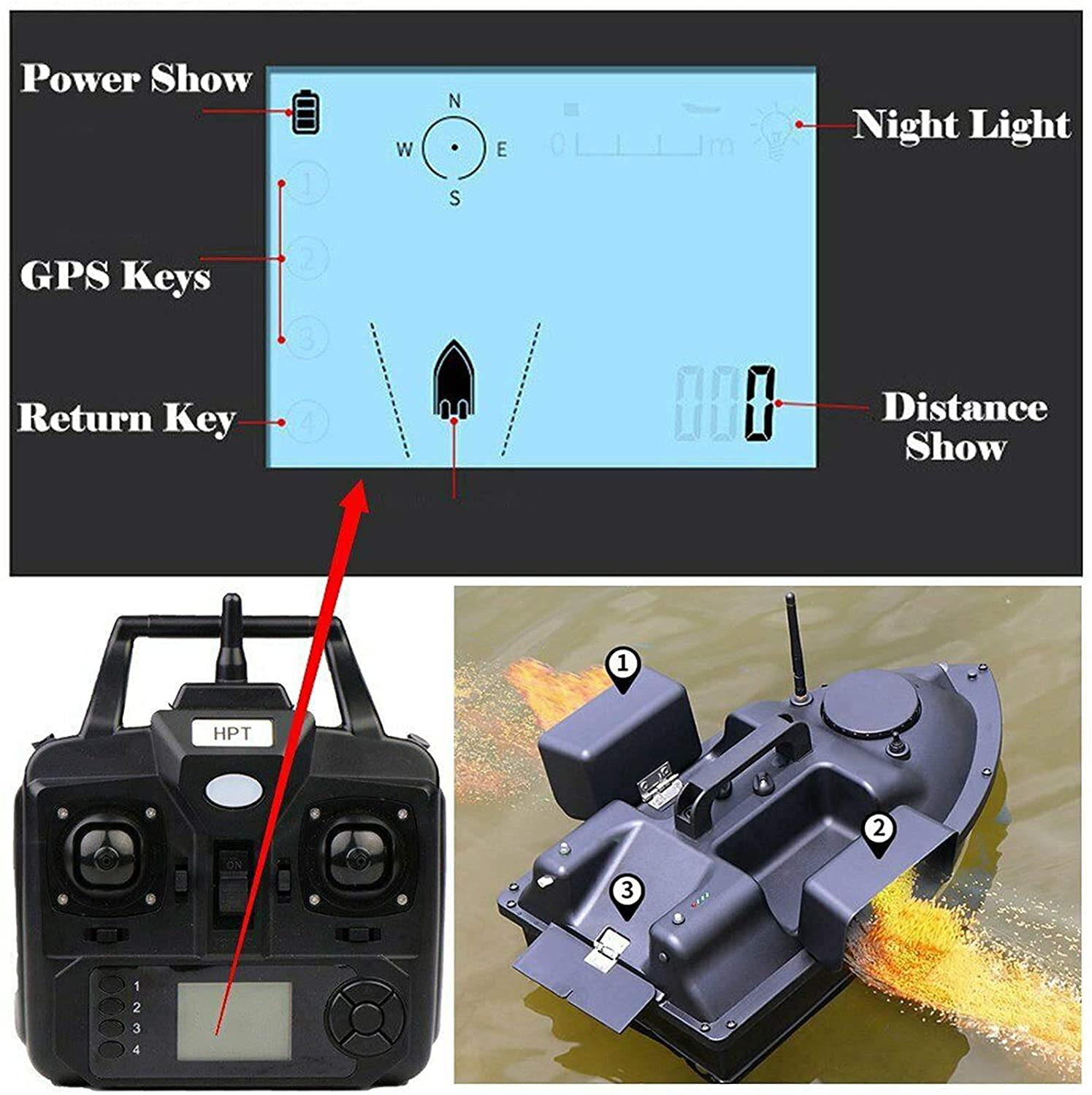 Bateau de Pêche, Bateau Amorceur GPS Intelligent pour la Pêche à la Carpe, Bateau à Appâts avec Double Moteur et Croisière GPS pour Lacs, Rivières, 3 Trémies D'appâts, Batterie 12000mAh