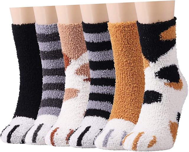 Cozy Fluffy Socks for Women - 6 Pairs Winter Warm Girls Super Soft Fuzzy Home Bed Cat Paw Pattern Socks