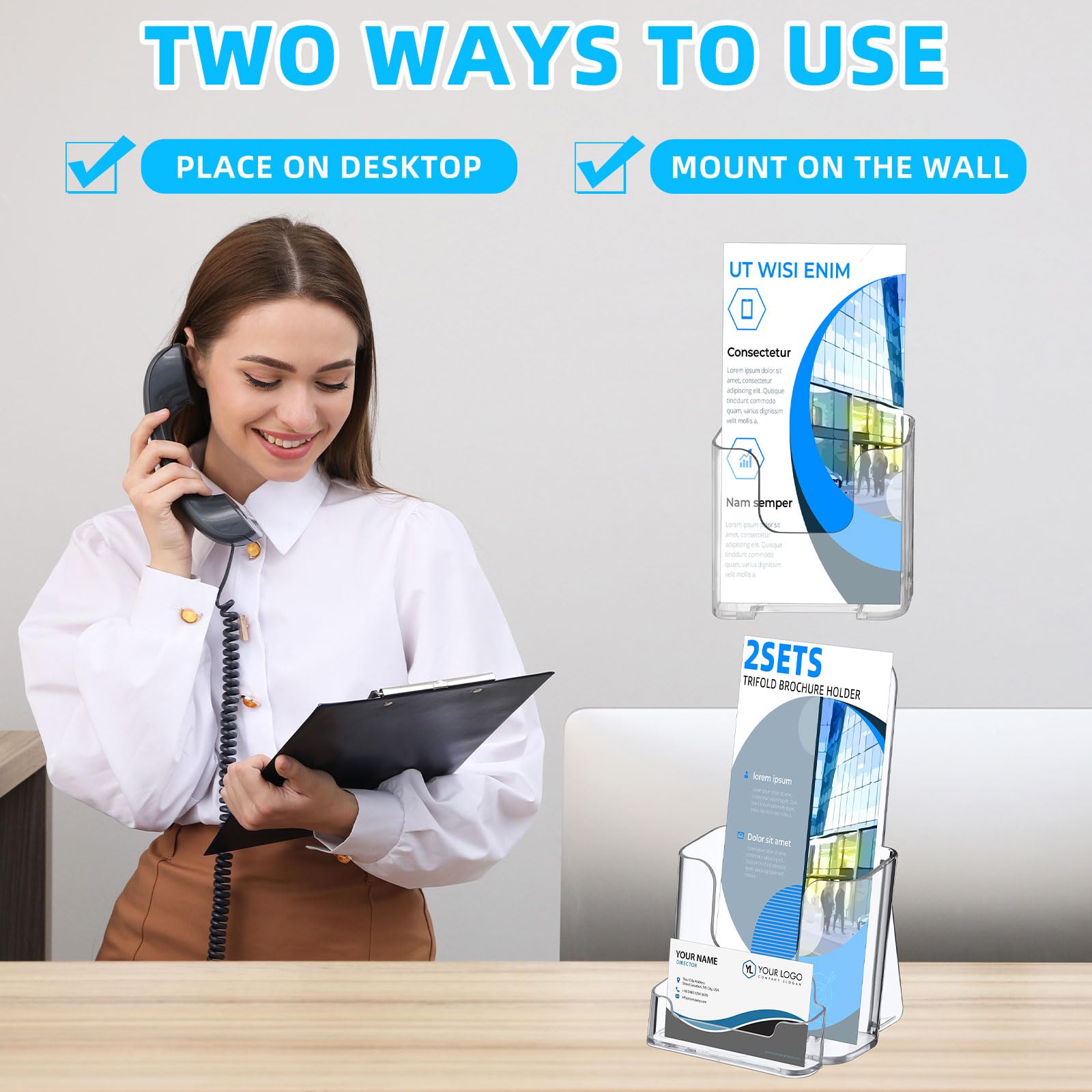 Feifeiya 2 juegos de soportes acrílicos para folletos de 4 pulgadas de ancho con soporte para tarjetas de visita, soporte transparente plegable para folletos, folletos, revistas, folletos para