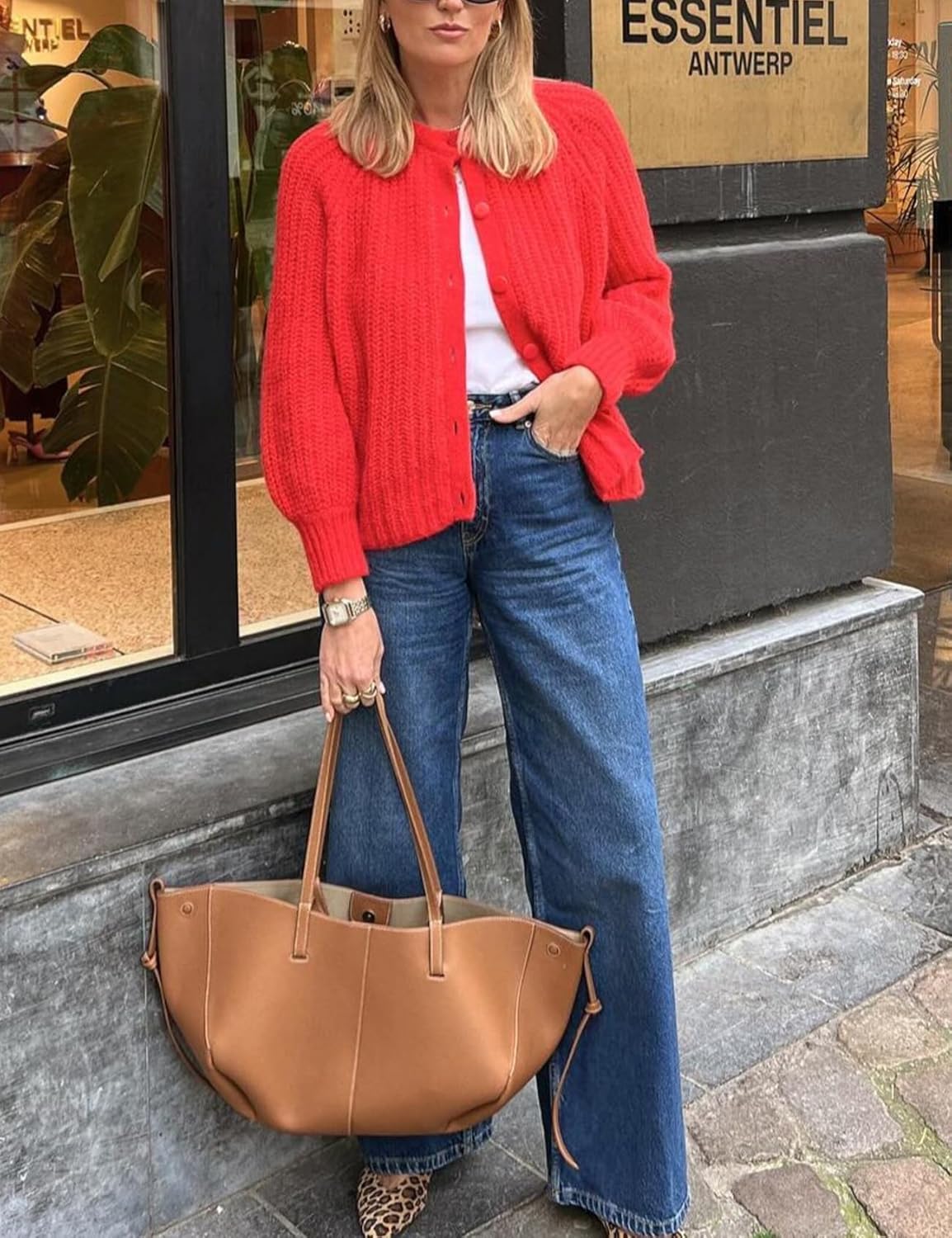 Womens Cardigan Sweater Chunky Knitted Crew Neck Long Sleeve Button Down Jackets Open Front Casual Loose Coat Red L - Image 2