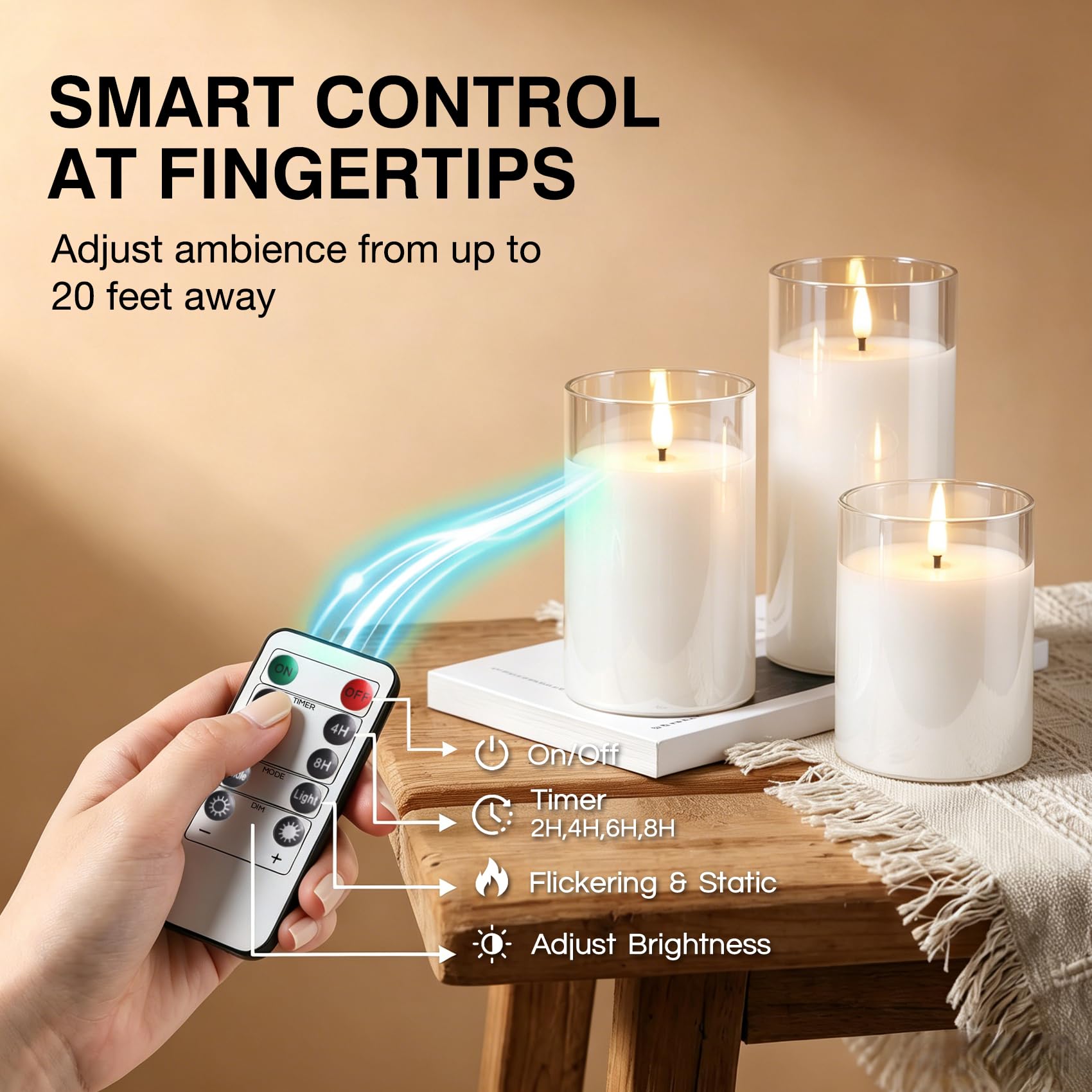 Eywamage Candele cilindriche in vetro trasparente, senza fiamma, tremolanti in movimento, candele a LED in vera cera a batteria, con telecomando, decorazione per la casa, set da 3