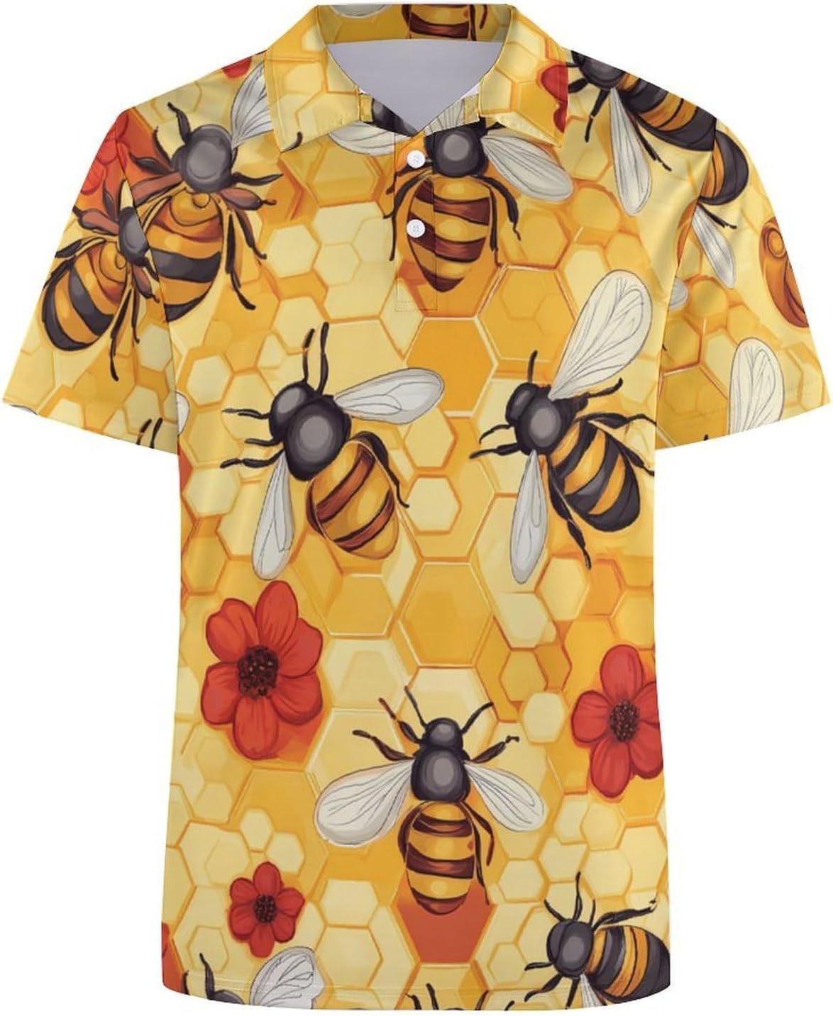 Bees Honeycomb Flowers Womens Golf Polo Shirts Summer Short Sleeve Collared 3 Buttons T Shirt Activewear Tops