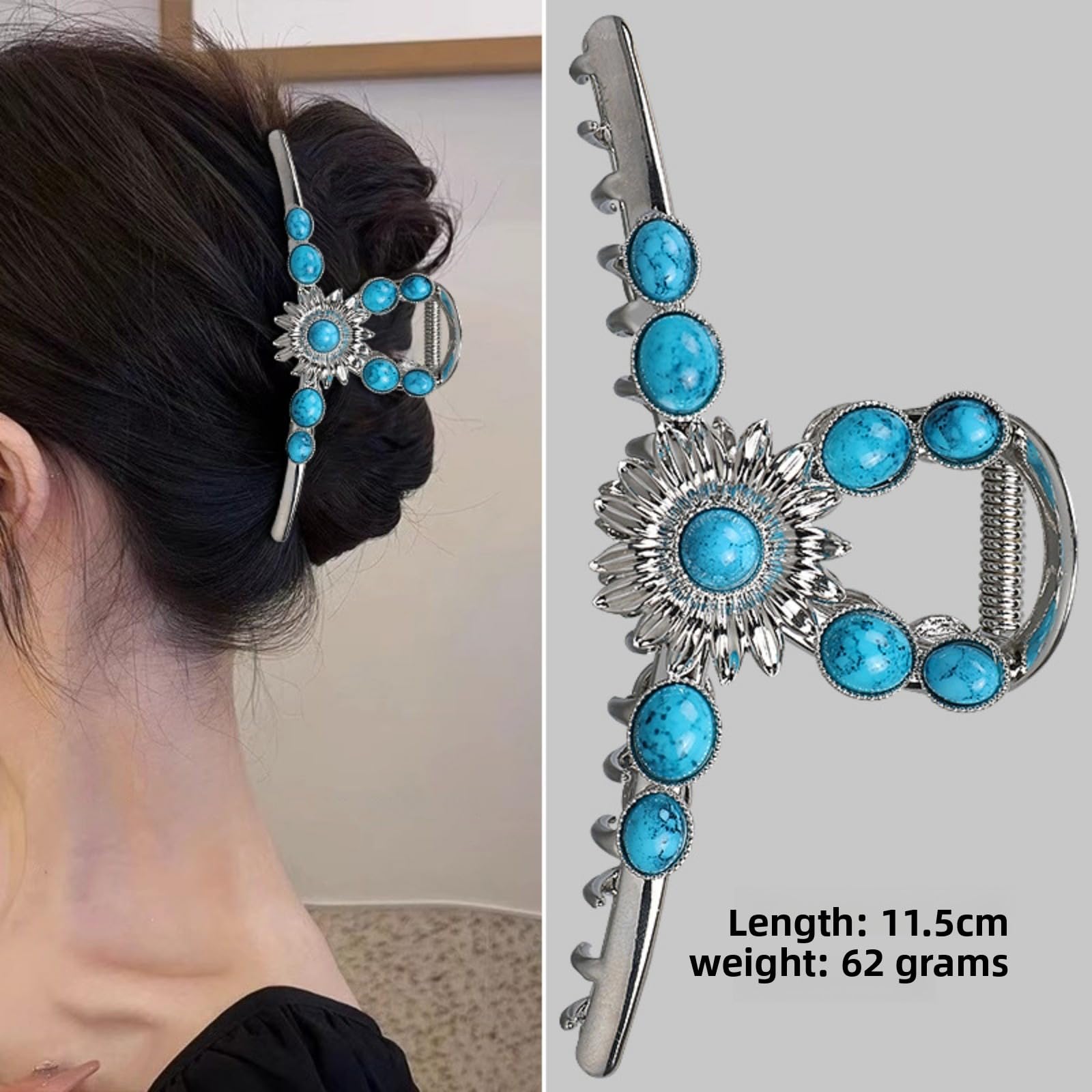Western Hair Clips Extra Large Silver Turquoise Blue Stone Sun Metal Claw Clip Ponytail Holder Hair Claw Western Style Hair Accessories for Women Girls - Image 3