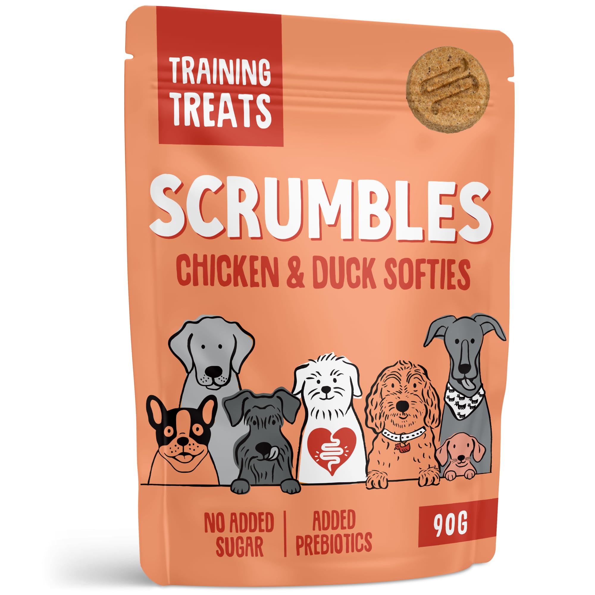 Scrumbles • Dog Treats • Hypoallergenic • All Lifestages • Chicken & Duck • 90g Bag • Gut Friendly Prebiotics • Gluten Free • Superfoods