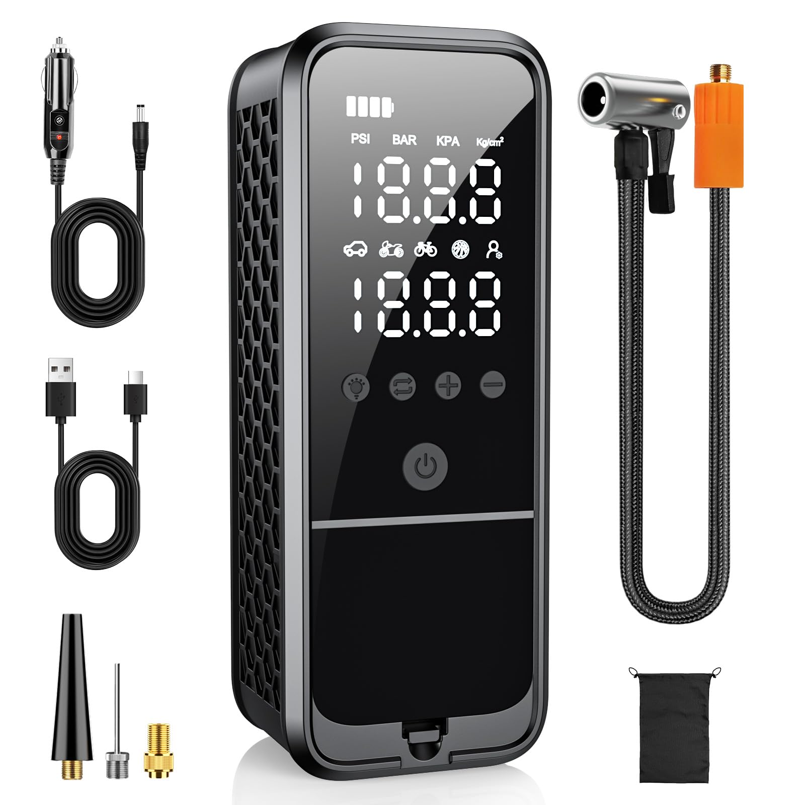 Tire Inflator Portable Air Compressor, 160 PSI Air Pump for Car Tires with Digital Pressure Gauge, Electric Bike Pump with LED Light Portable Tire Inflator for Car, Motorcycle, Bike, Ball