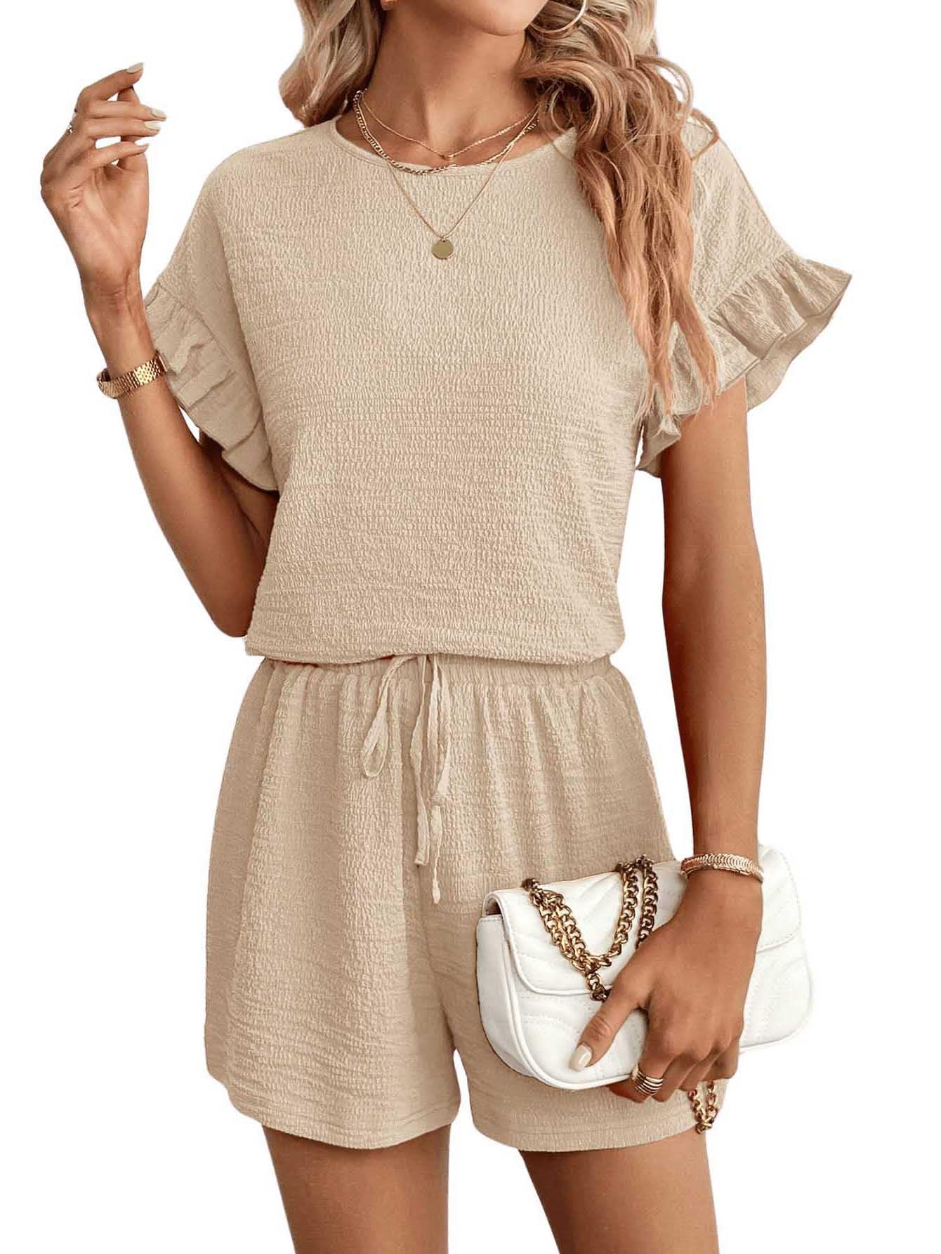 WDIRARA Women's 2 Piece Set Ruffle Short Sleeve Blouse and Drawstring Shorts Sets Casual Summer Outfits