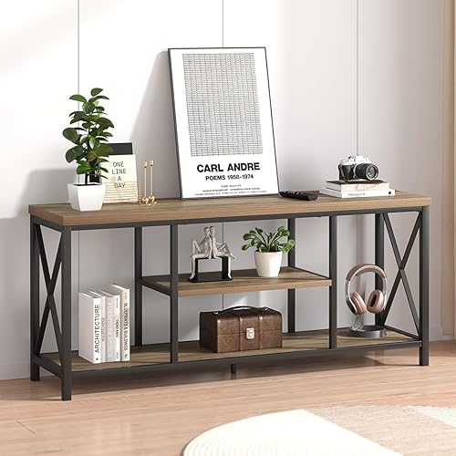 Miniatura 3 de FOLUBAN Soporte de TV para televisores de hasta 65 pulgadas, centro de entretenimiento de madera rústica y metal con estantes de almacenamiento,